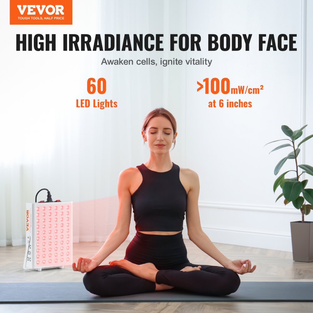 Product Title VEVOR Red Light Therapy Panel for Body & Face, 60 Dual-Chip LEDs, 660nm Red & 850nm Near Infrared Light Therapy, 80W High-Power Recovery Lamp with Stand