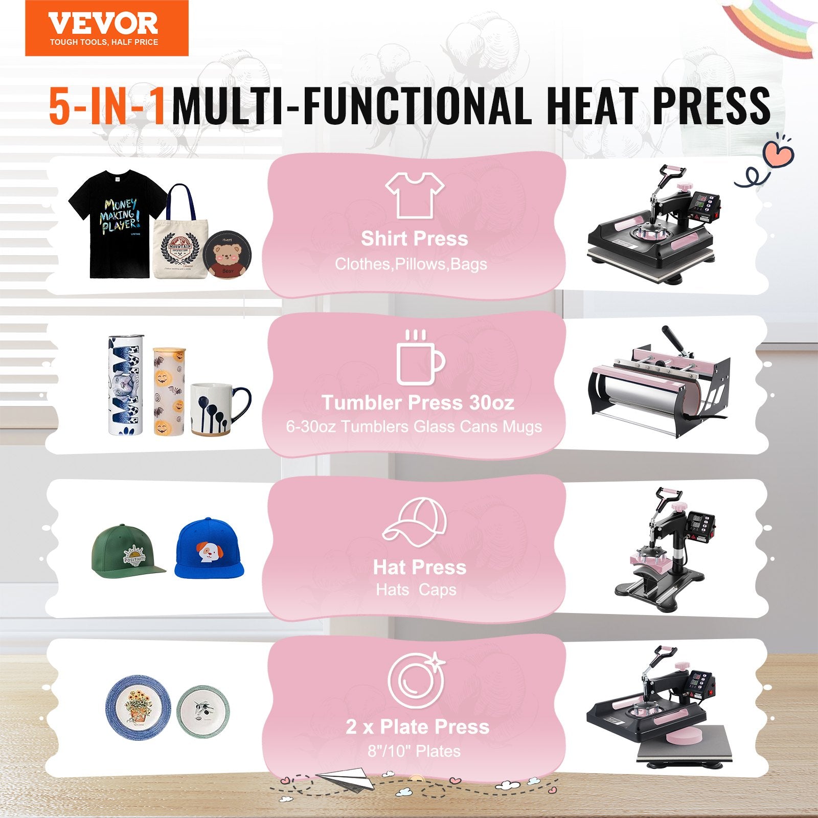 VEVOR 5 in 1 Heat Press Machine 15x15 in 30oz Tumbler Press T-Shirts Black