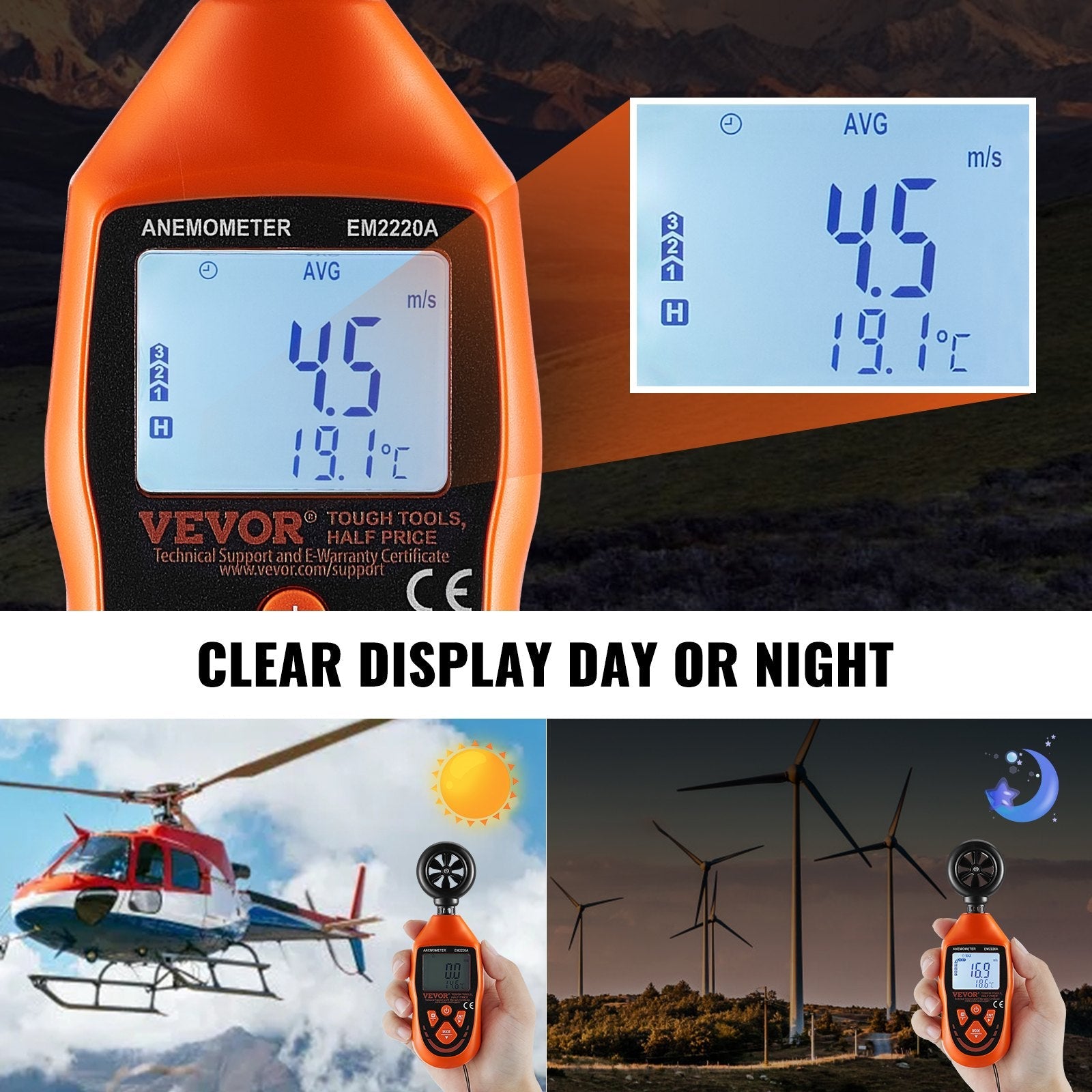 VEVOR Handheld Anemometer, 14?-113?, Digital Wind Speed Meter Gauge with LED Backlight Screen, Measures Wind Velocity Wind Temperature Air Flow Wind Chill, for Sailing Surfing Drone Flying HVAC