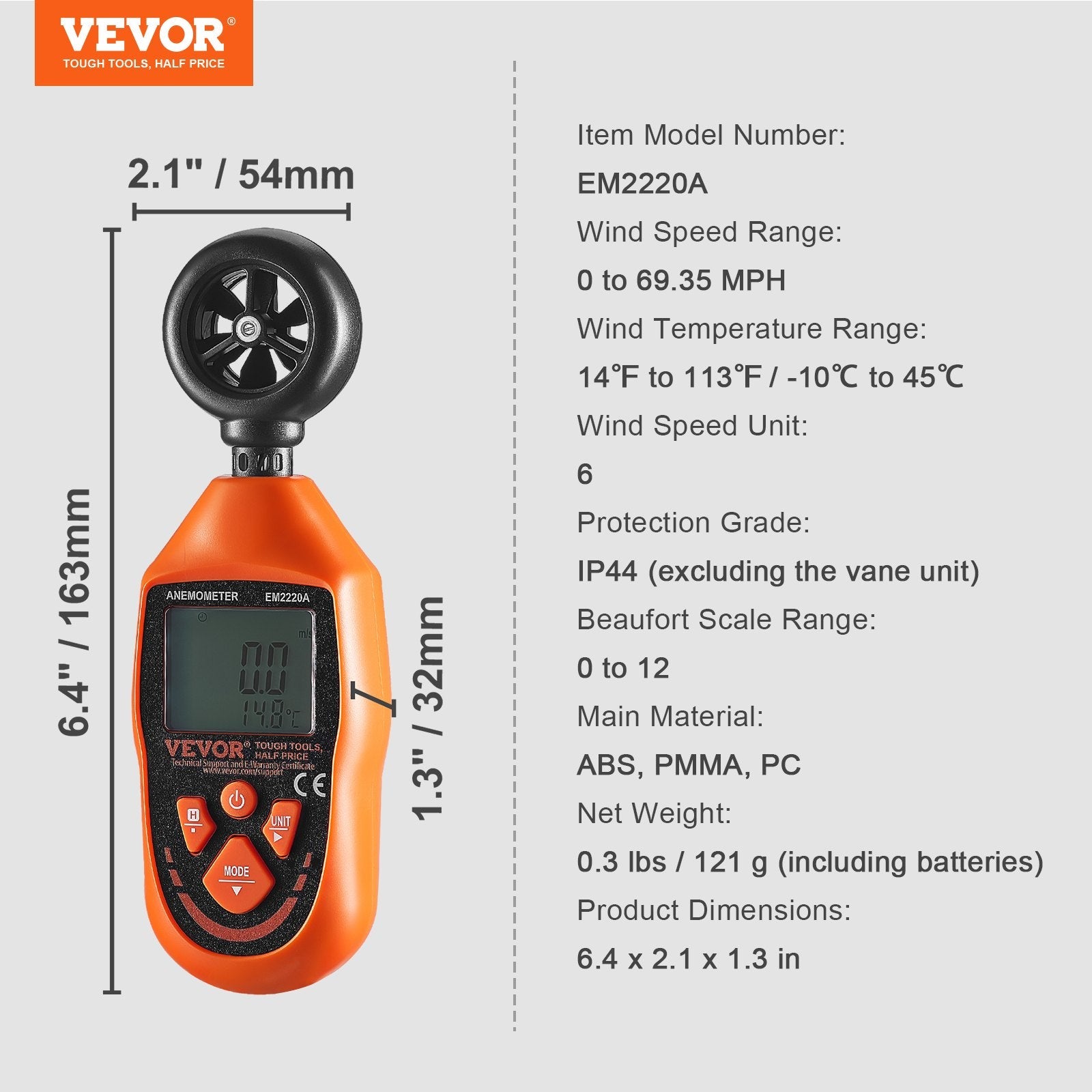 VEVOR Handheld Anemometer, 14?-113?, Digital Wind Speed Meter Gauge with LED Backlight Screen, Measures Wind Velocity Wind Temperature Air Flow Wind Chill, for Sailing Surfing Drone Flying HVAC