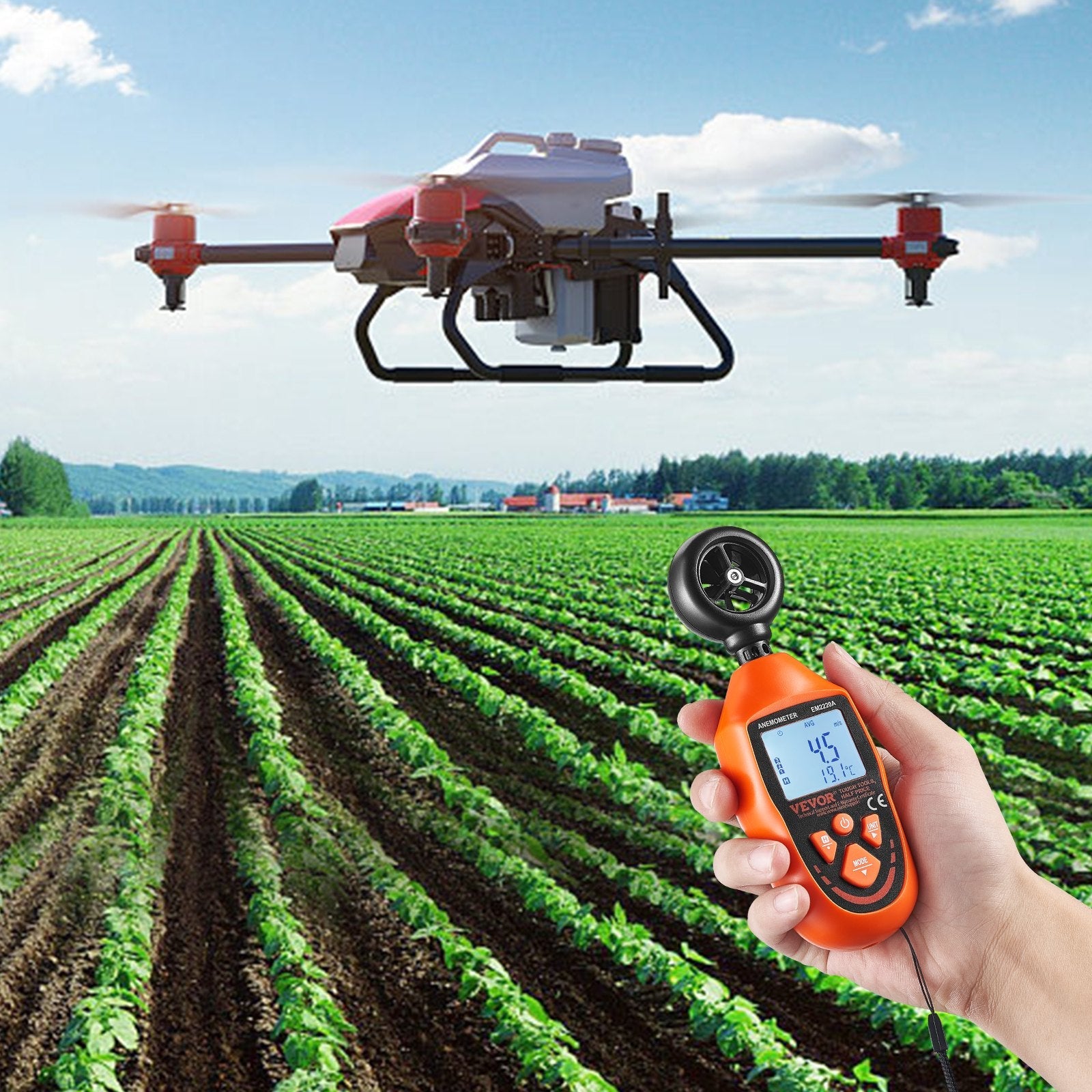 VEVOR Handheld Anemometer, 14?-113?, Digital Wind Speed Meter Gauge with LED Backlight Screen, Measures Wind Velocity Wind Temperature Air Flow Wind Chill, for Sailing Surfing Drone Flying HVAC