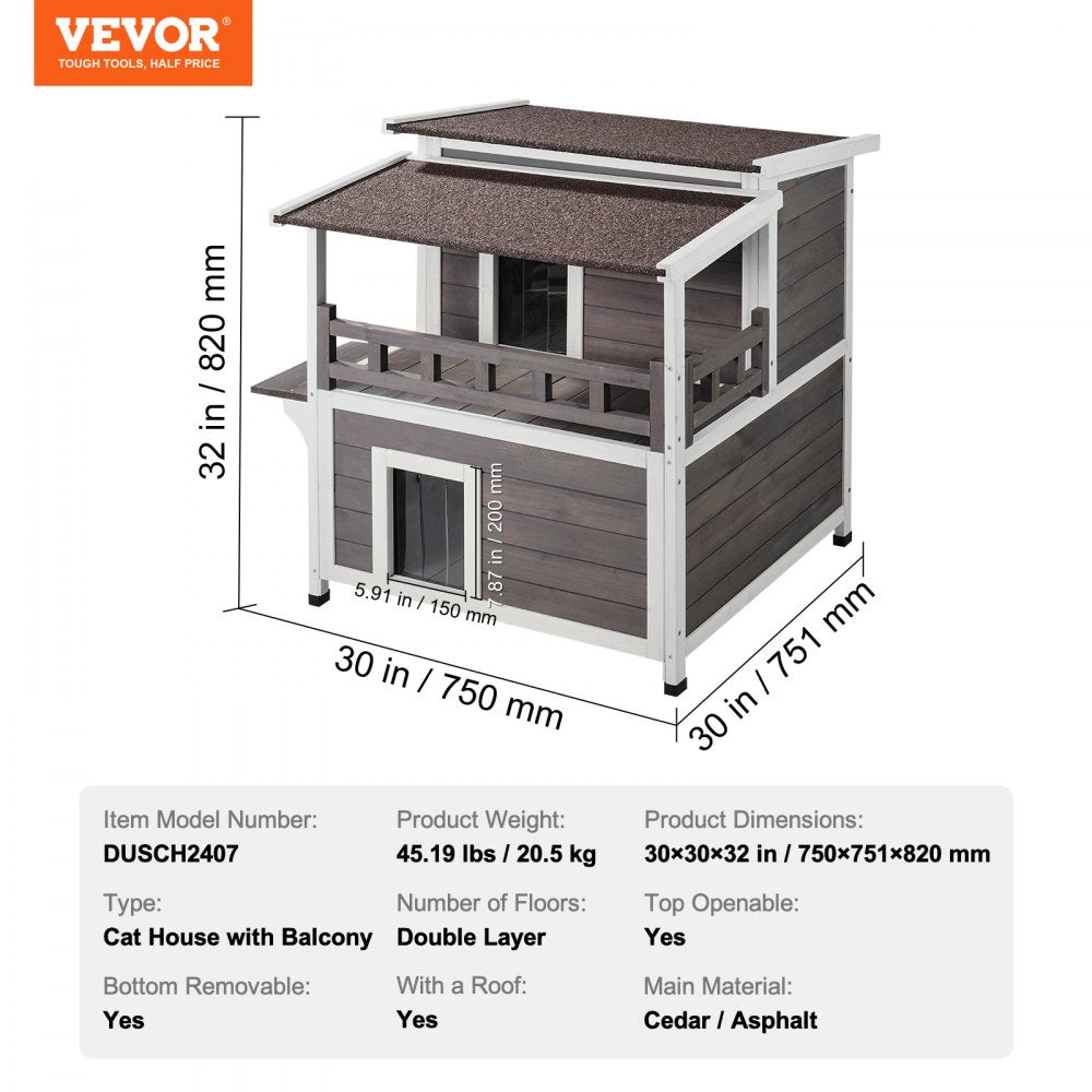 VEVOR Outdoor Cat House 2-story Wooden Feral Cat Shelter with Balcony & Roof