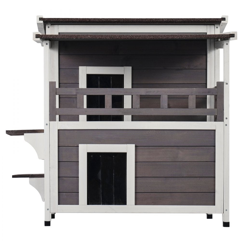 VEVOR Outdoor Cat House 2-story Wooden Feral Cat Shelter with Balcony & Roof
