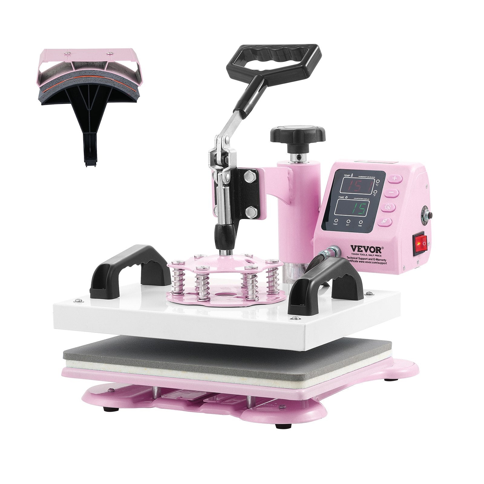 VEVOR Heat Press Machine 12x10 in 2 in 1 with Hat Press for T-Shirts Caps Pink