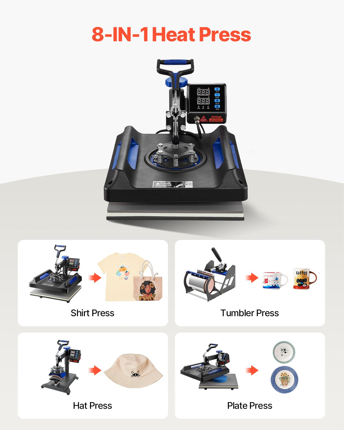 Heat Press Machine Sublimation Machine 15 x 15 inch 8 In 1 Blue Heat Press Set