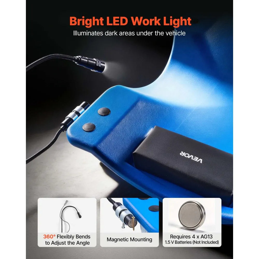 40" Mechanic Creeper with LED Work Light, Low Profile Rolling Garage Creeper, 350 lb Capacity, Padded Headrest & Tool Trays