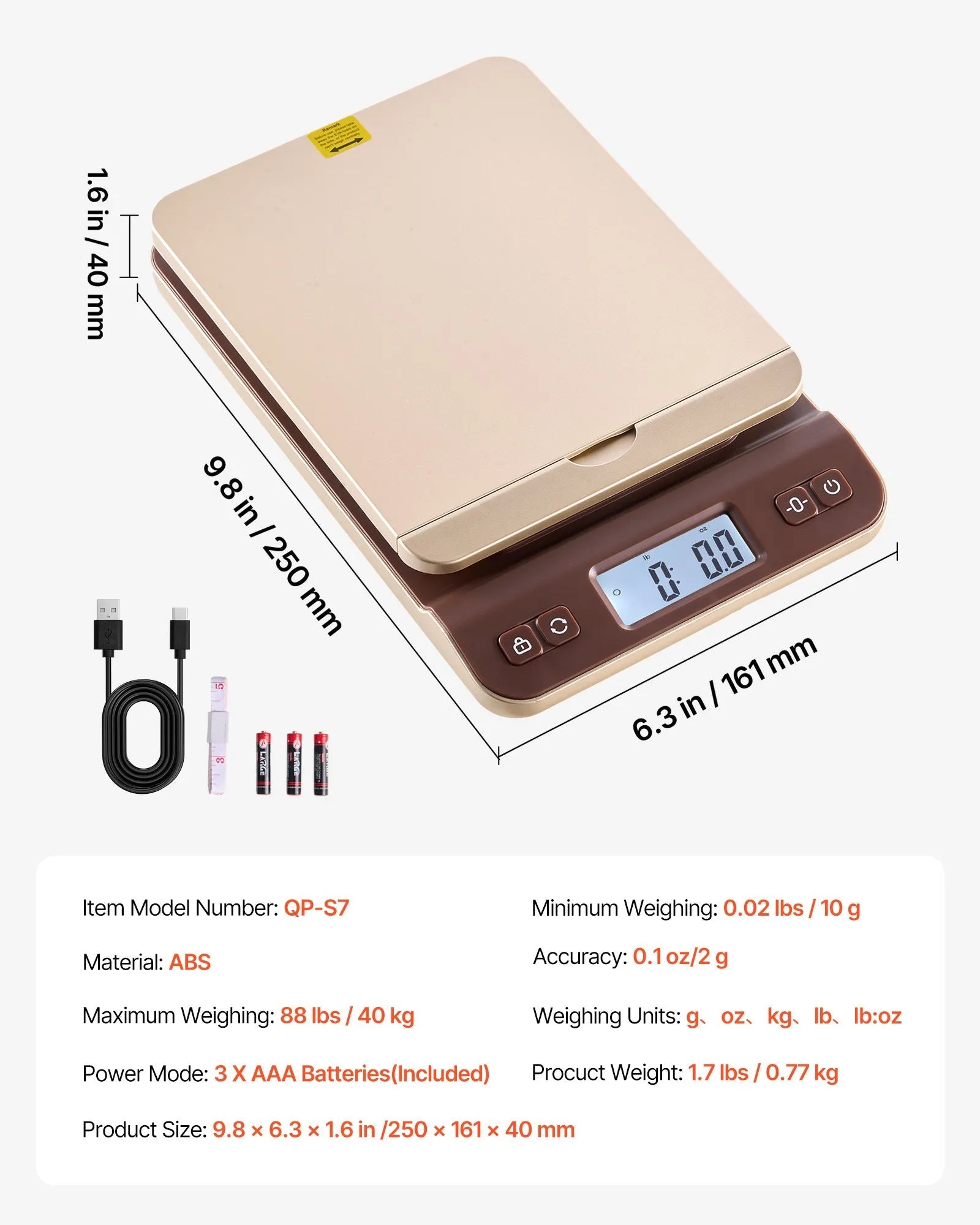 VEVOR Digital Shipping Postal Scale, 0.1 oz High Accuracy, 88 lbs Postal Scale with Hold/Tare/Auto-off Function, Flip Holder Design & Easy Calibration, Fit for Home and Office Use, Battery Included