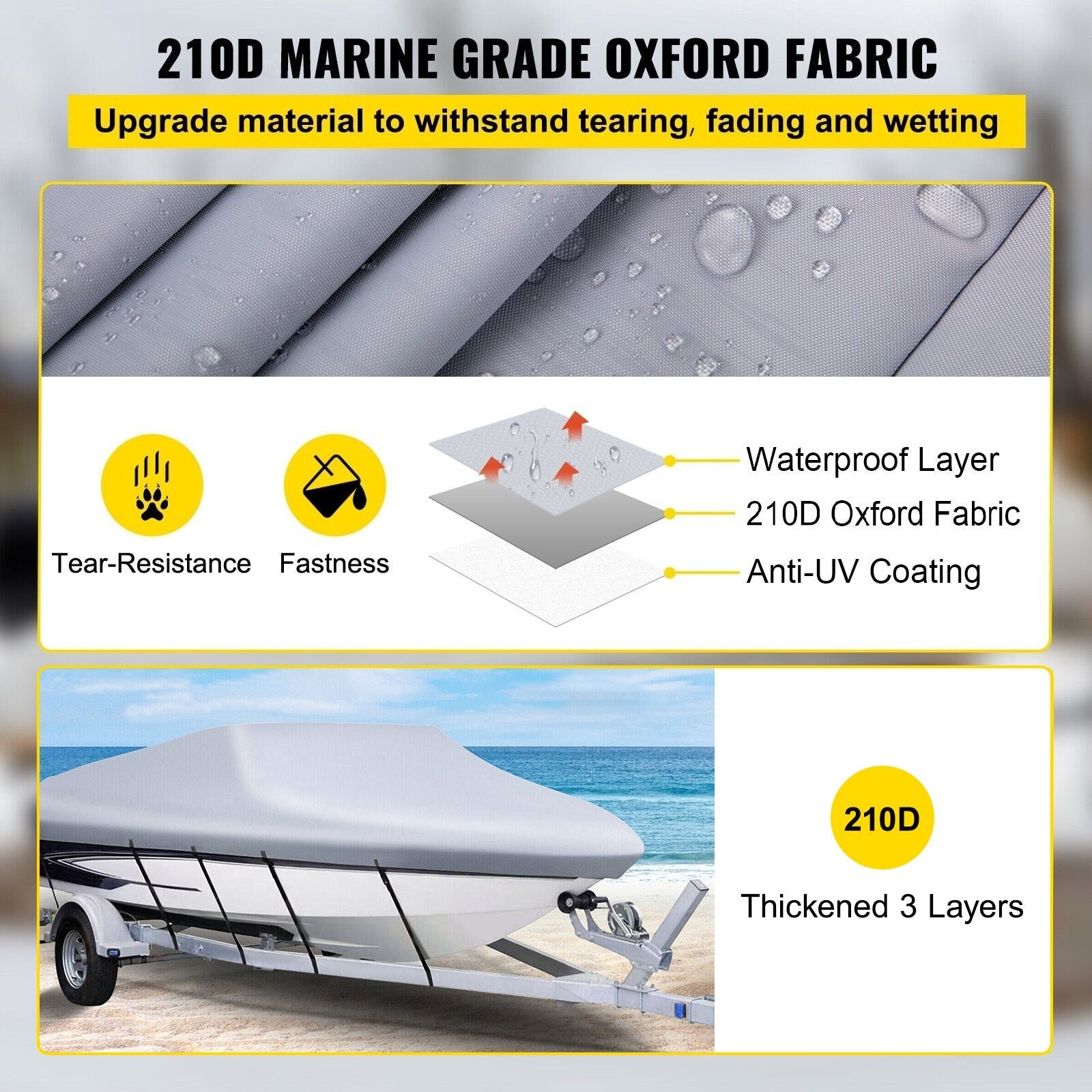 VEVOR Waterproof Boat Cover, 16'-18.5' Trailerable Boat Cover, Beam Width up to 98" v Hull Cover Heavy Duty 210D Marine Grade Polyester Mooring Cover for Fits V-Hull Boat with 5 Tightening Straps