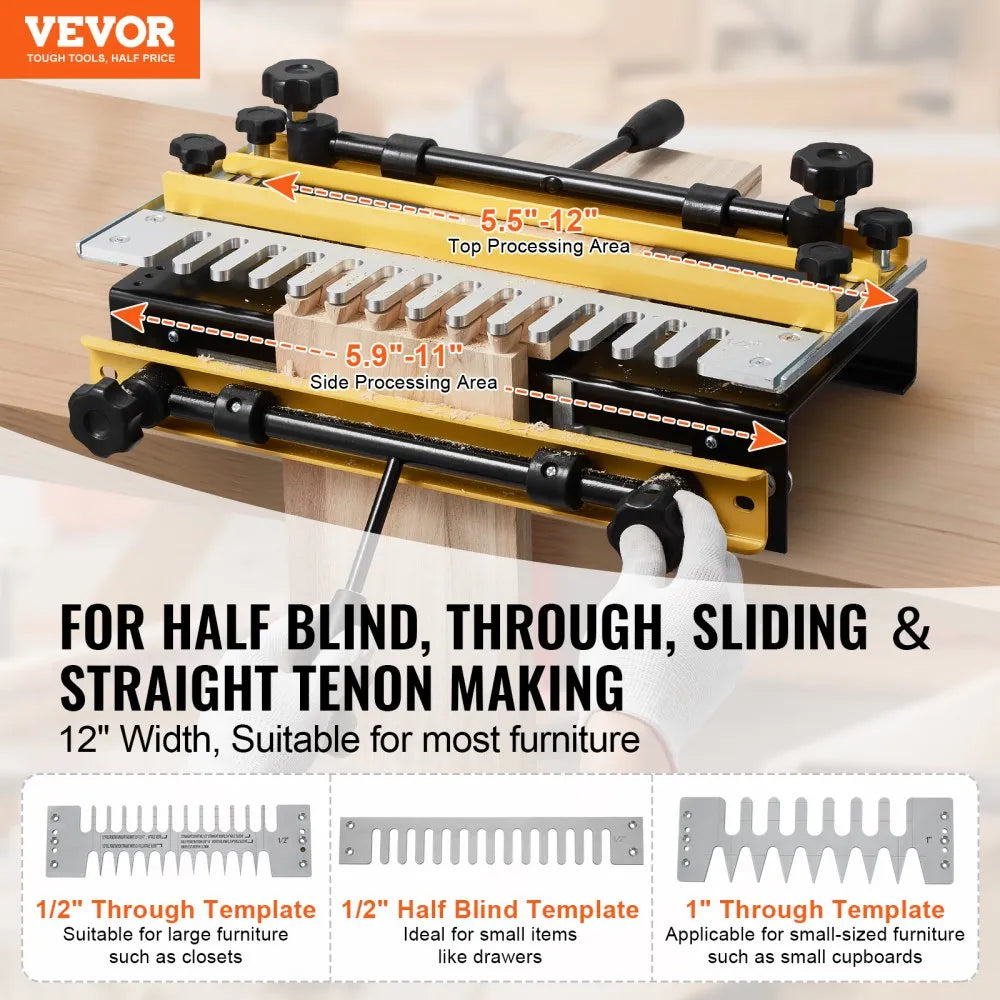 12" Dovetail Jig for Woodworking, Precision Router Jig with 5 Router Bits & 4 Templates for Half-Blind, Through & Sliding Dovetail Joints