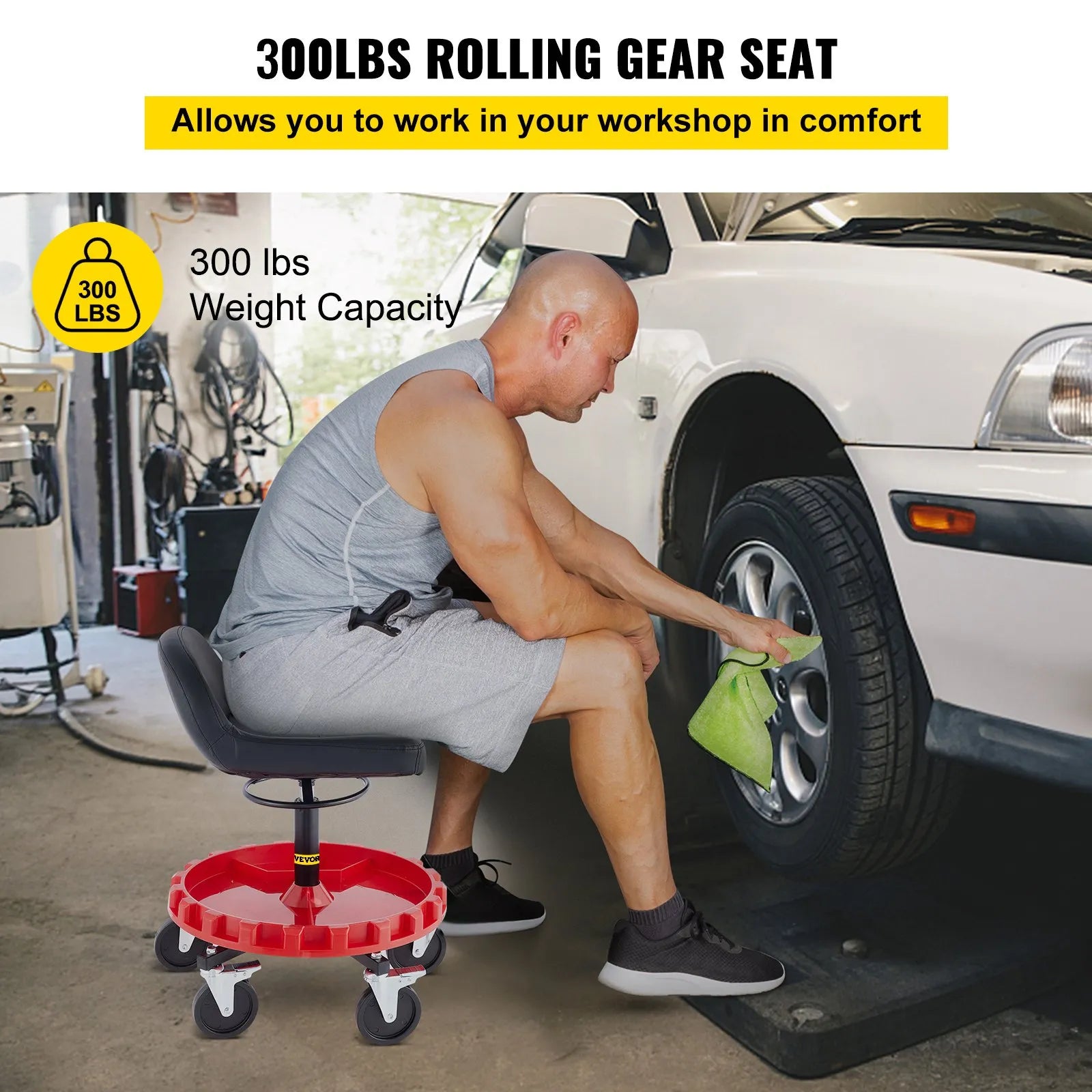 VEVOR Shop Stool, 400 LBS Rolling Garage Stool, 18” to 23” Adjustable Height Mobile Rolling Gear Seat, Round Tray Garage Pneumatic Stool, All-Terrain 5" Casters with Two Brakes Mechanic Seat