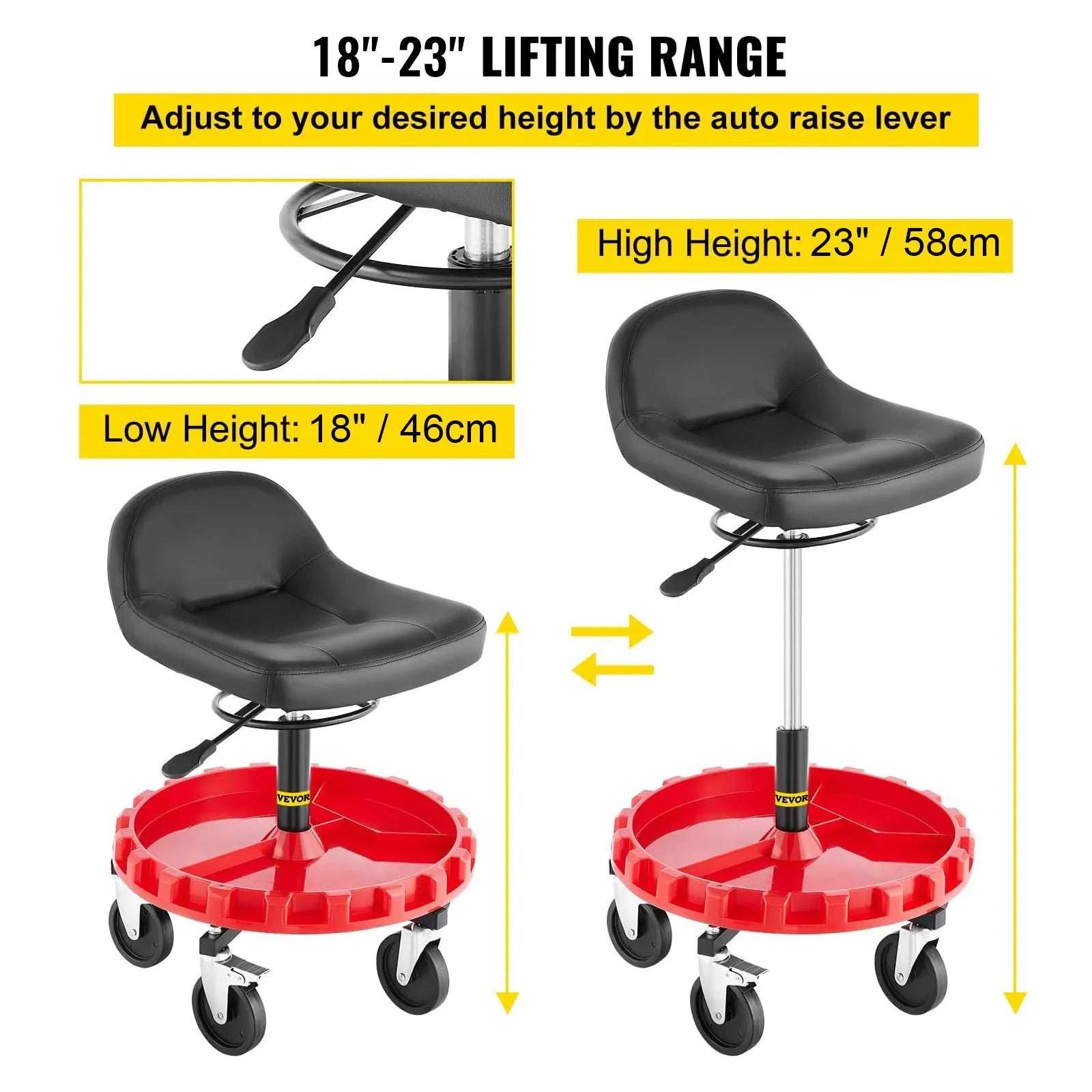 VEVOR Shop Stool, 400 LBS Rolling Garage Stool, 18” to 23” Adjustable Height Mobile Rolling Gear Seat, Round Tray Garage Pneumatic Stool, All-Terrain 5" Casters with Two Brakes Mechanic Seat