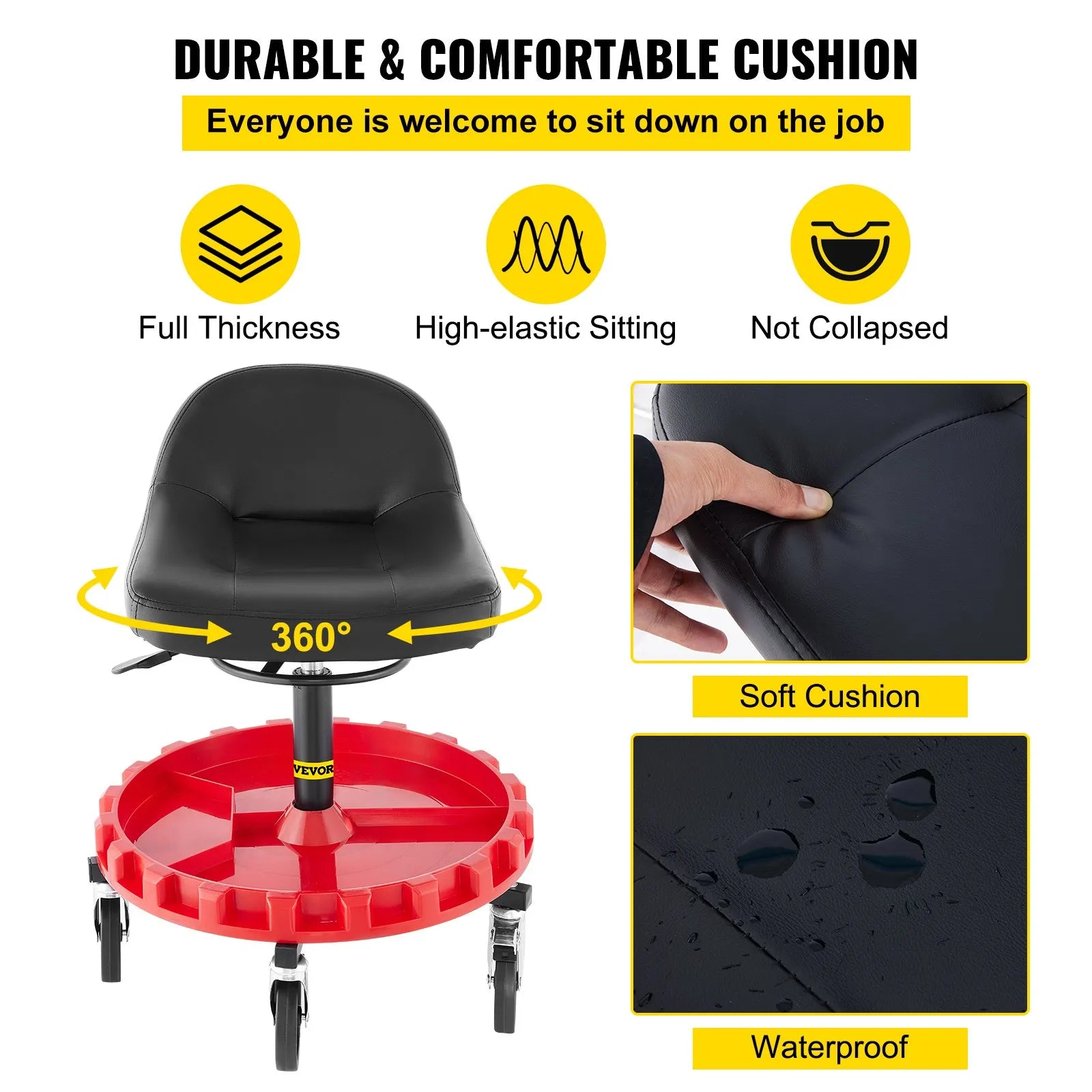 VEVOR Shop Stool, 400 LBS Rolling Garage Stool, 18” to 23” Adjustable Height Mobile Rolling Gear Seat, Round Tray Garage Pneumatic Stool, All-Terrain 5" Casters with Two Brakes Mechanic Seat