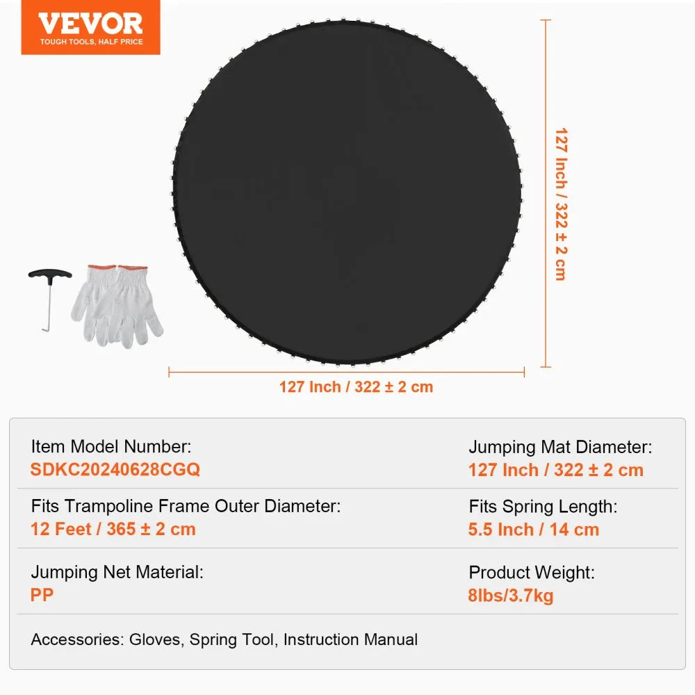 VEVOR Replacement Trampoline Mat Fits 12ft Frame 72 V-Rings 5.5" Spring Length
