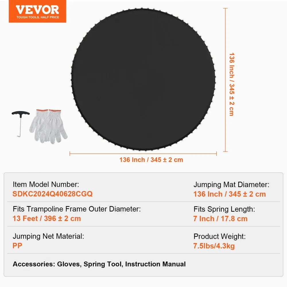 VEVOR Replacement Trampoline Mat Fits 13ft Frame 80 V-Rings 7" Spring Length
