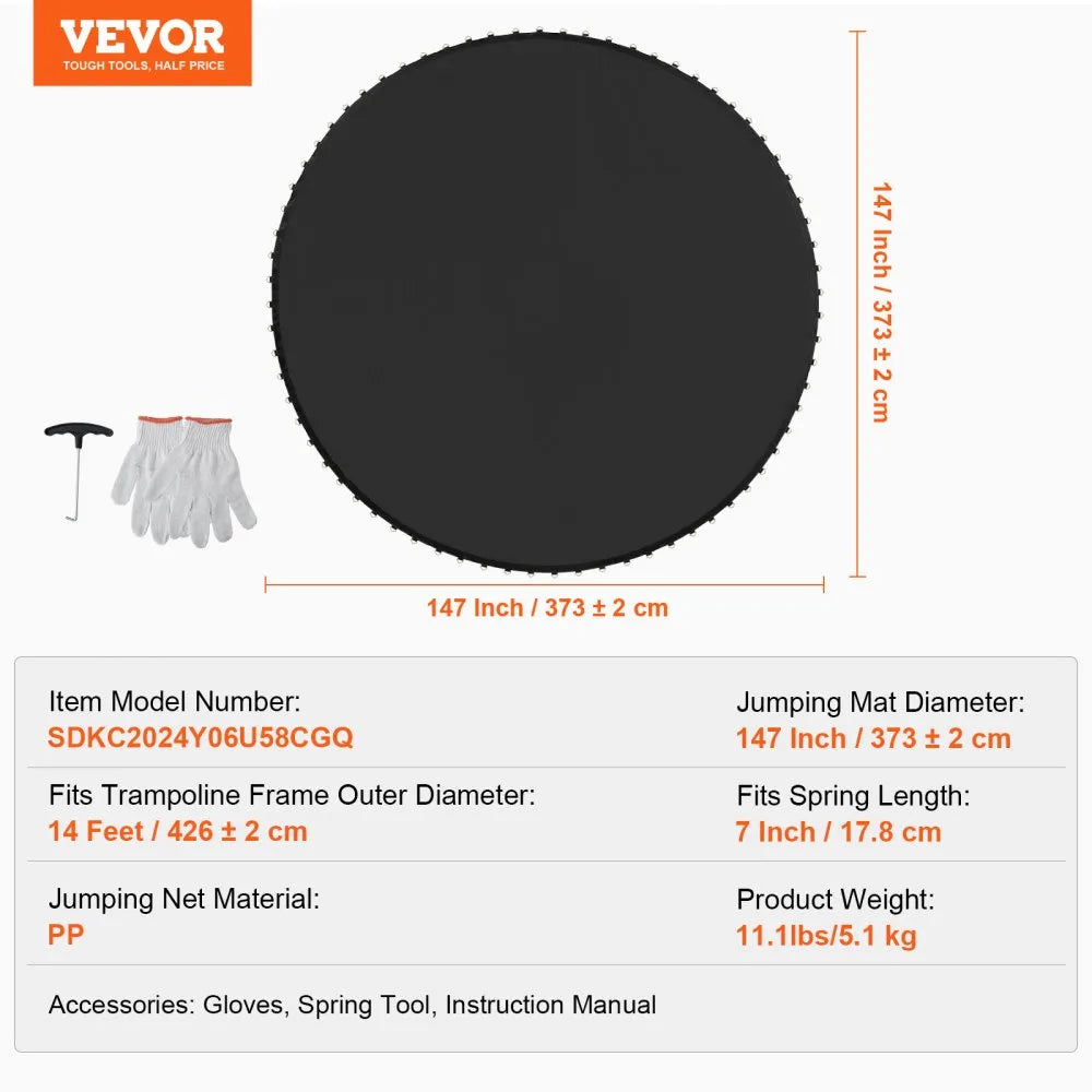 VEVOR Replacement Trampoline Mat Fits 14ft Frame 96 V-Rings 7" Spring Length