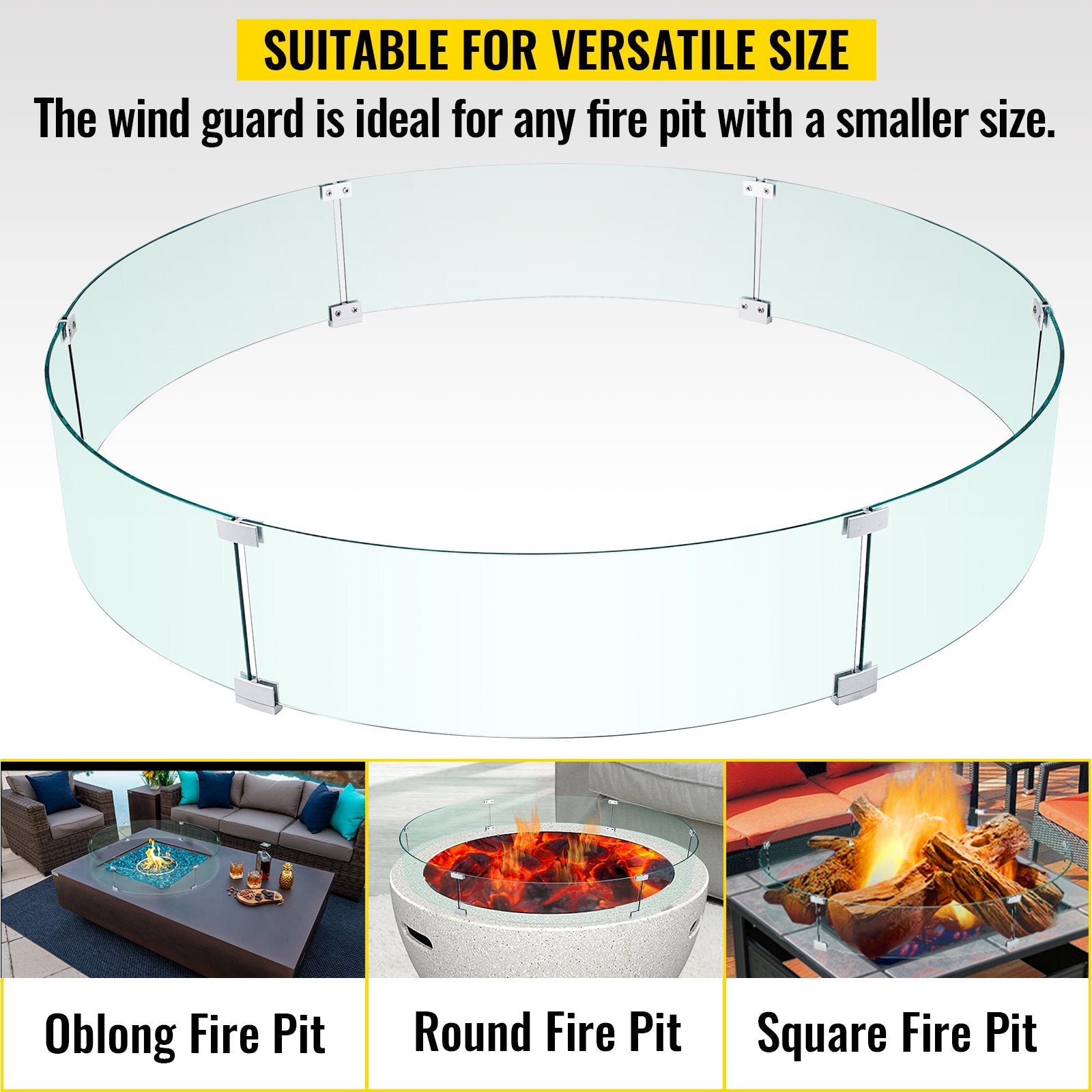 VEVOR Fire Pit Wind Guard, 47 x 47 x 8 Inch Glass Flame Guard, Round Glass Shield, 1/4-Inch Thick Fire Table, Clear Tempered Glass Flame Guard, Steady Feet Tree Pit Guard for Propane, Gas, Outdoor
