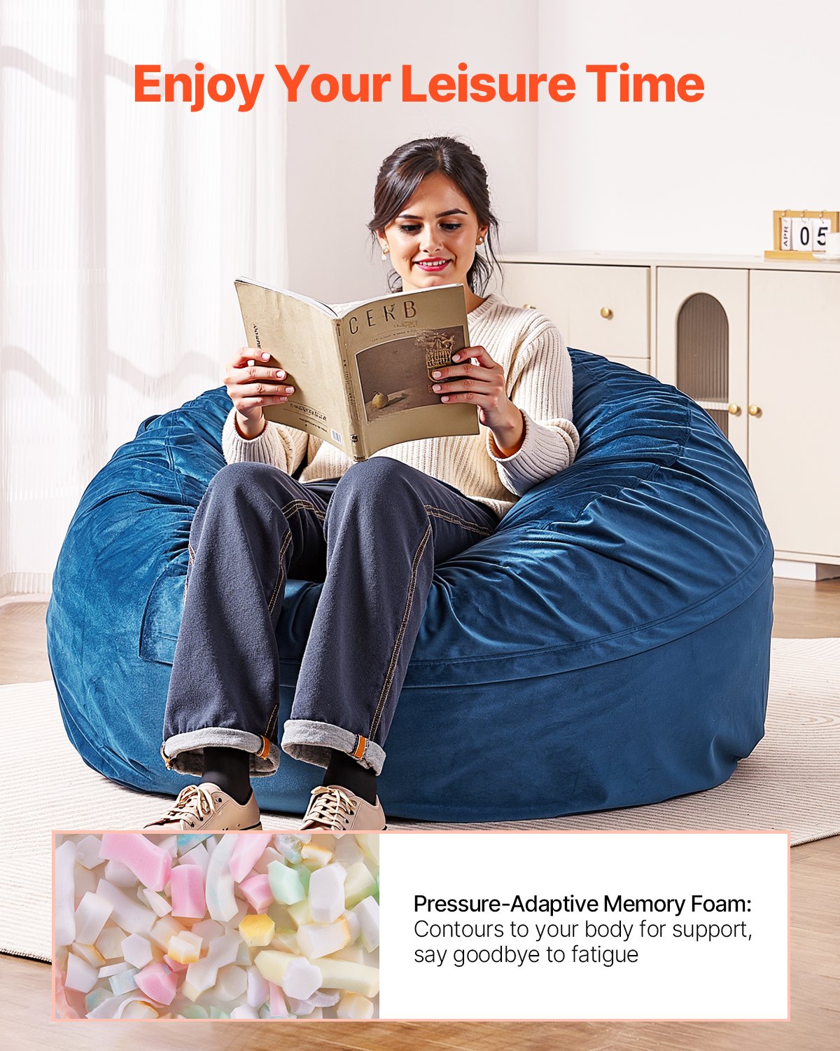 VEVOR Round Bean Bag Chair with Removable and Washable Cover for Adults Blue