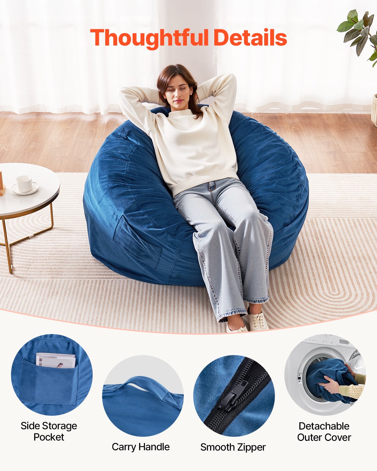 VEVOR Round Bean Bag Chair with Removable and Washable Cover for Adults Blue