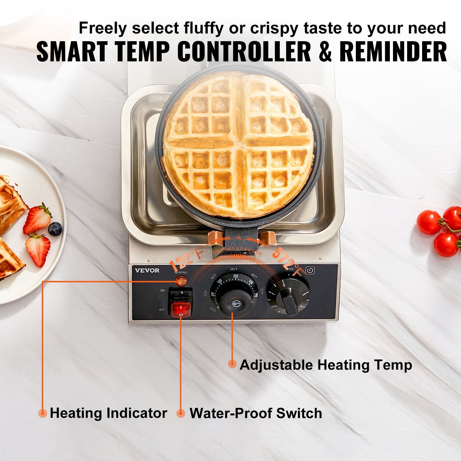 VEVOR Commercial Waffle Maker, 1 Piece per Batch, 1300W Round Waffle Iron, Non-Stick Waffle Baker Machine with 122-572? / 50-300? Temp Range Teflon-Coated Baking Pans Stainless Steel Body, 120V