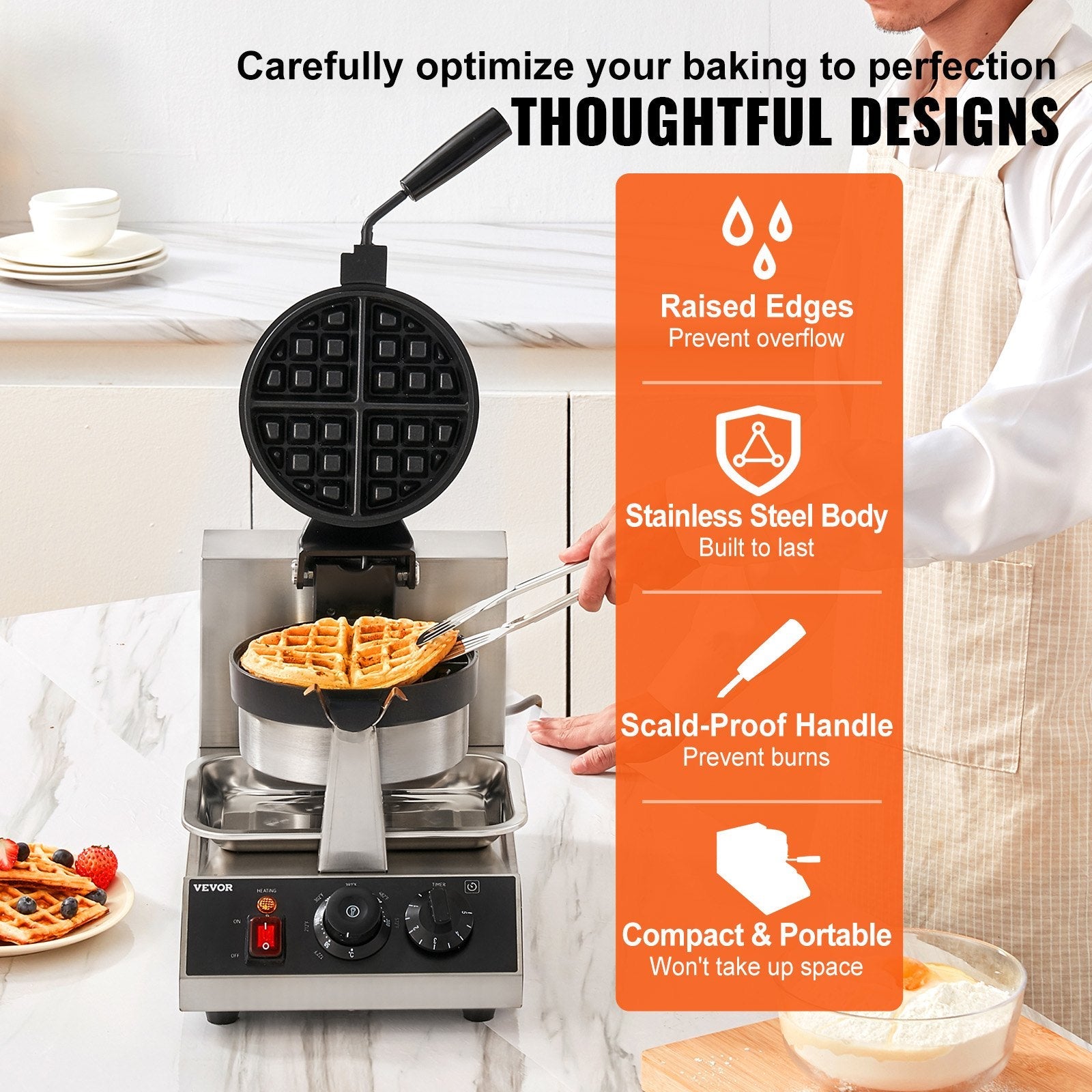 VEVOR Commercial Waffle Maker, 1 Piece per Batch, 1300W Round Waffle Iron, Non-Stick Waffle Baker Machine with 122-572? / 50-300? Temp Range Teflon-Coated Baking Pans Stainless Steel Body, 120V