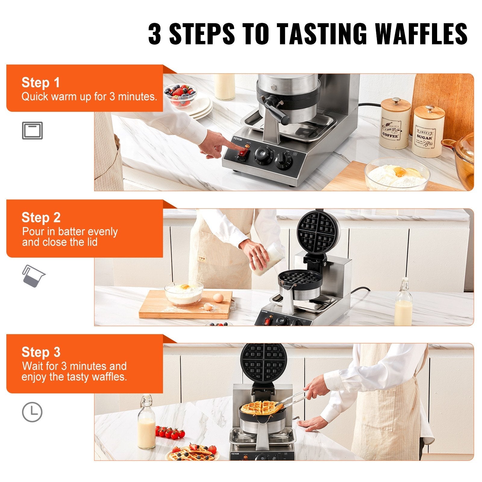 VEVOR Commercial Waffle Maker, 1 Piece per Batch, 1300W Round Waffle Iron, Non-Stick Waffle Baker Machine with 122-572? / 50-300? Temp Range Teflon-Coated Baking Pans Stainless Steel Body, 120V