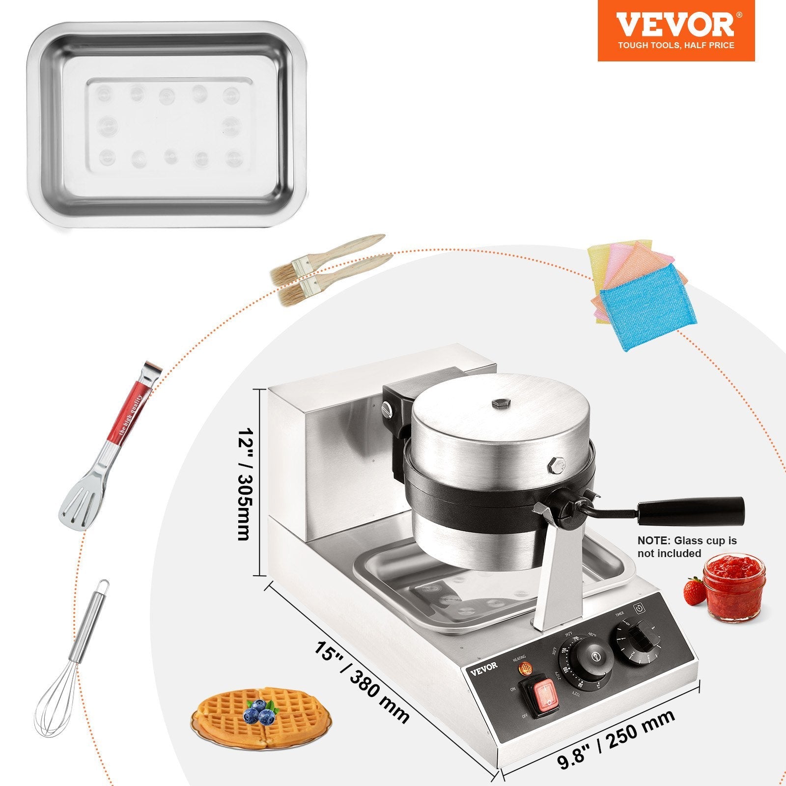 VEVOR Commercial Waffle Maker, 1 Piece per Batch, 1300W Round Waffle Iron, Non-Stick Waffle Baker Machine with 122-572? / 50-300? Temp Range Teflon-Coated Baking Pans Stainless Steel Body, 120V