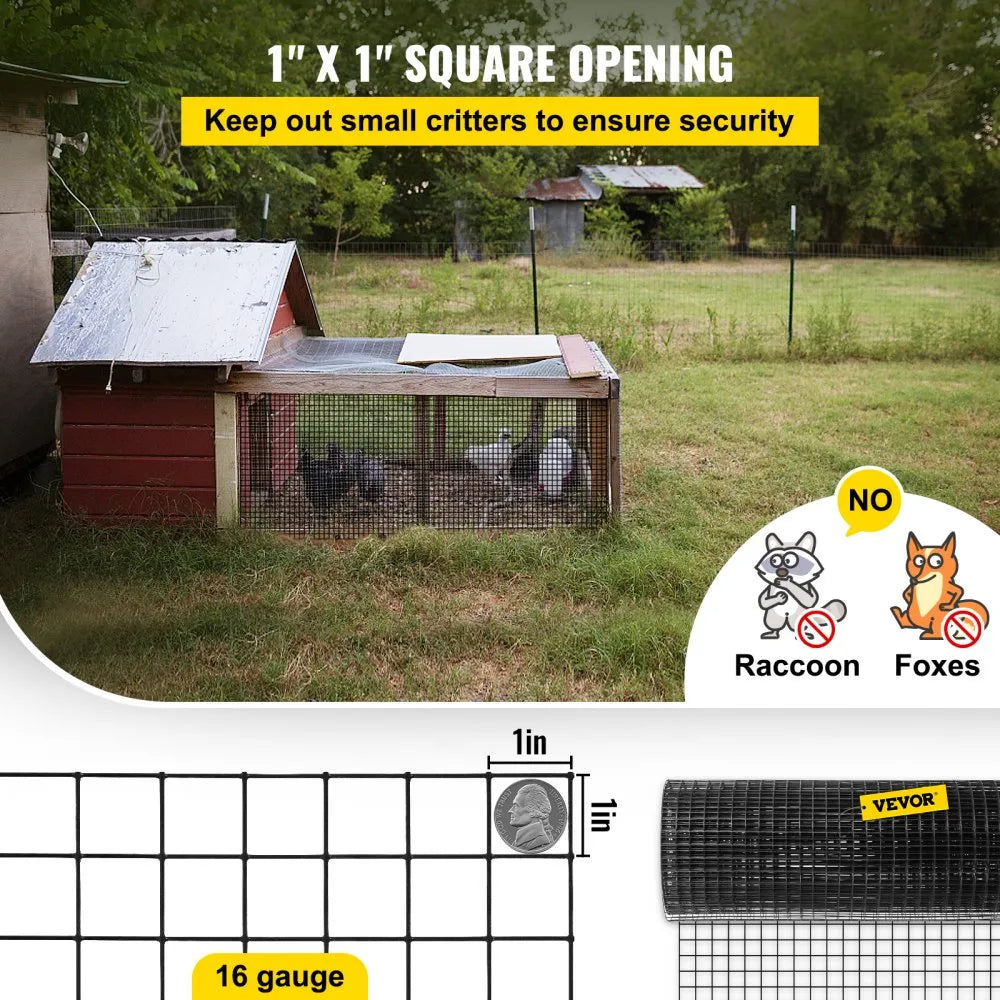 VEVOR Hardware Cloth, 24" x 100' & 1"x1" Mesh Size, Galvanized Steel Vinyl Coated 16 gauge Welded Wire, w/A Cutting Plier & A Pair of Fabric Gloves, for Garden Fencing & Pet Enclosures, Black