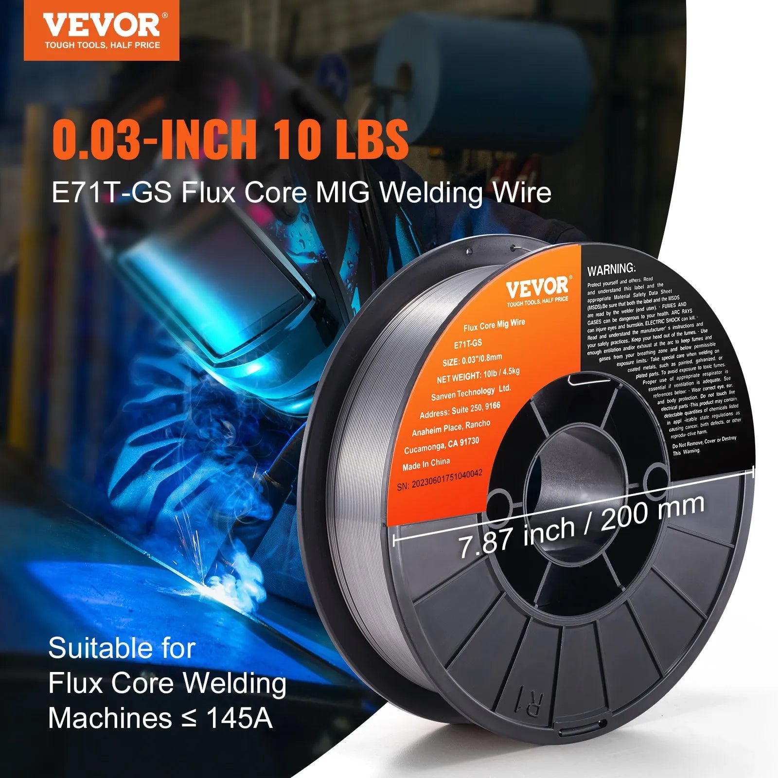 VEVOR Flux Core Welding Wire, E71T-GS 0.030-inch 10LBS, Gasless Mild Steel MIG Welding Wire with Low Splatter for All Position Arc Welding and Outdoor Use