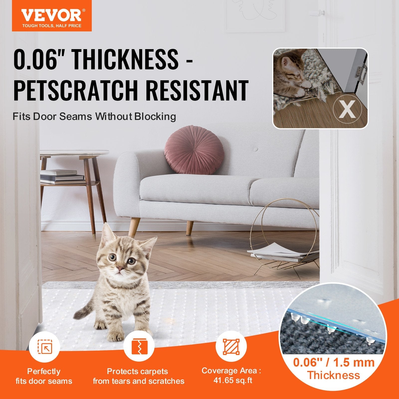 VEVOR Carpet Protector for Pets, 15" x 4' PVC Scratch-Proof Cat Carpet Protector for Doorway, Anti-Slip Cat Scratch Protector Mat, Easy to Cut Plastic Carpet Scratch Stopper, Cat Scratch Guard Carpet