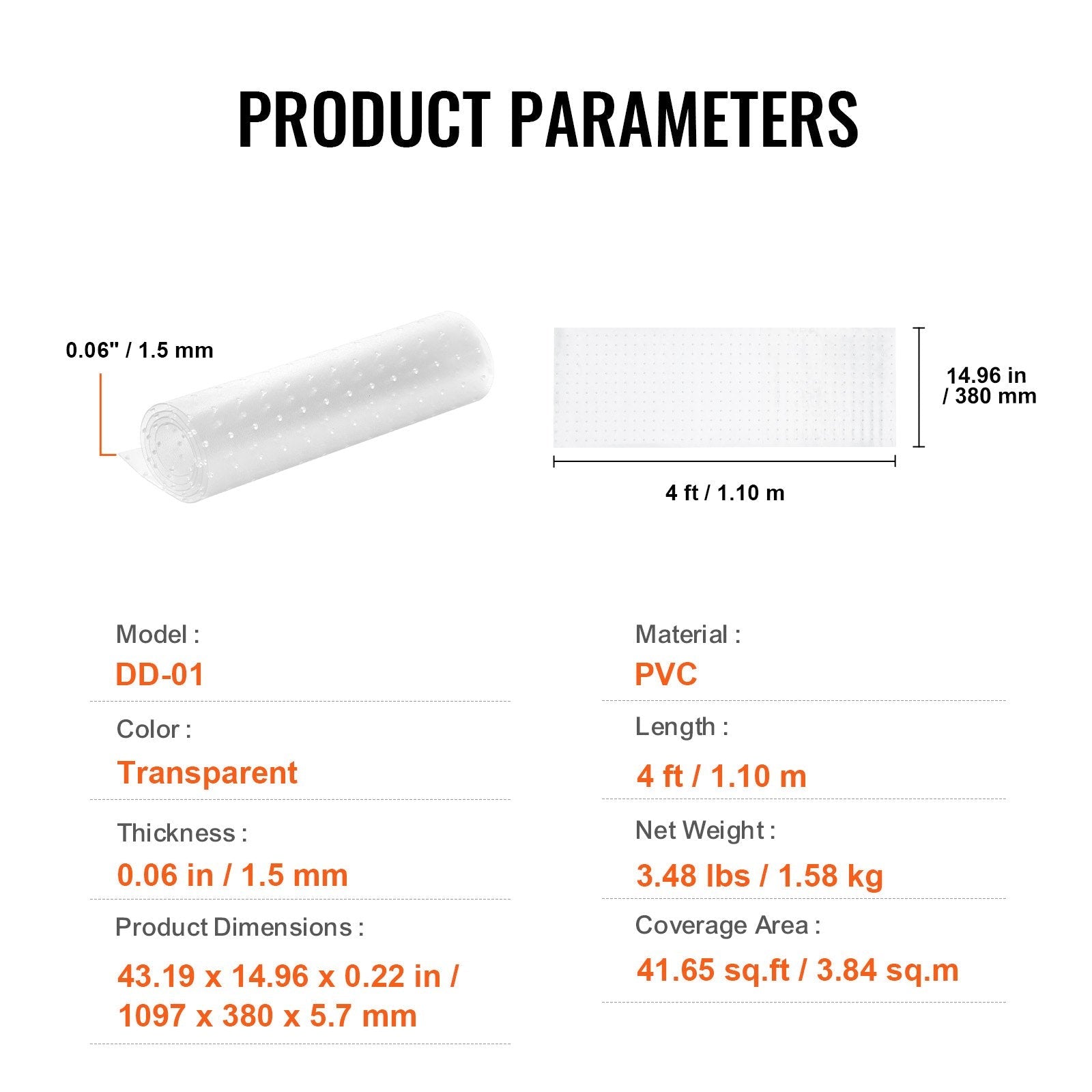 VEVOR Carpet Protector for Pets, 15" x 4' PVC Scratch-Proof Cat Carpet Protector for Doorway, Anti-Slip Cat Scratch Protector Mat, Easy to Cut Plastic Carpet Scratch Stopper, Cat Scratch Guard Carpet