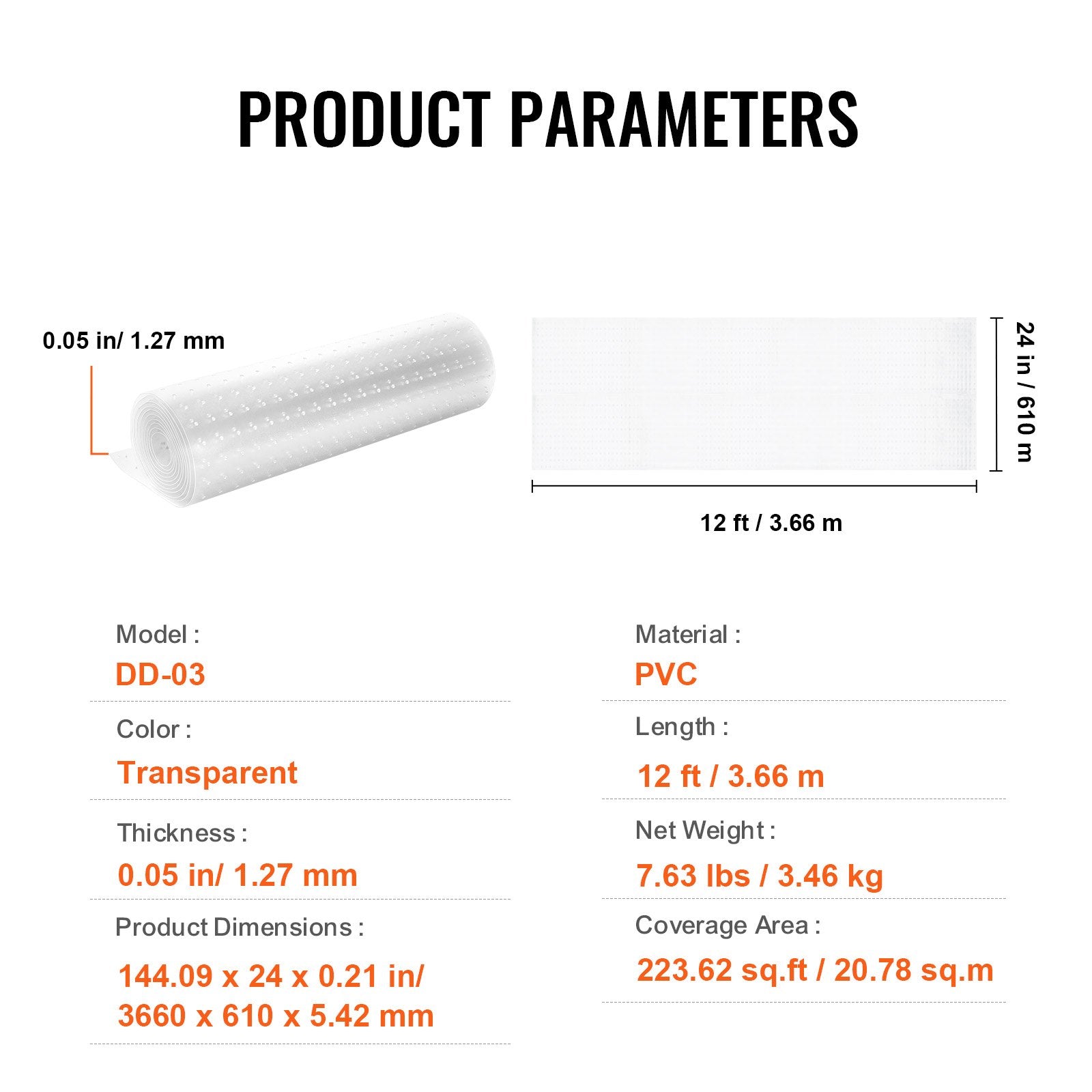 VEVOR Carpet Protector for Pets, 24" x 12' PVC Scratch-Proof Cat Carpet Protector for Doorway, Anti-Slip Cat Scratch Protector Mat, Easy to Cut Plastic Carpet Scratch Stopper, Cat Scratch Guard Carpet