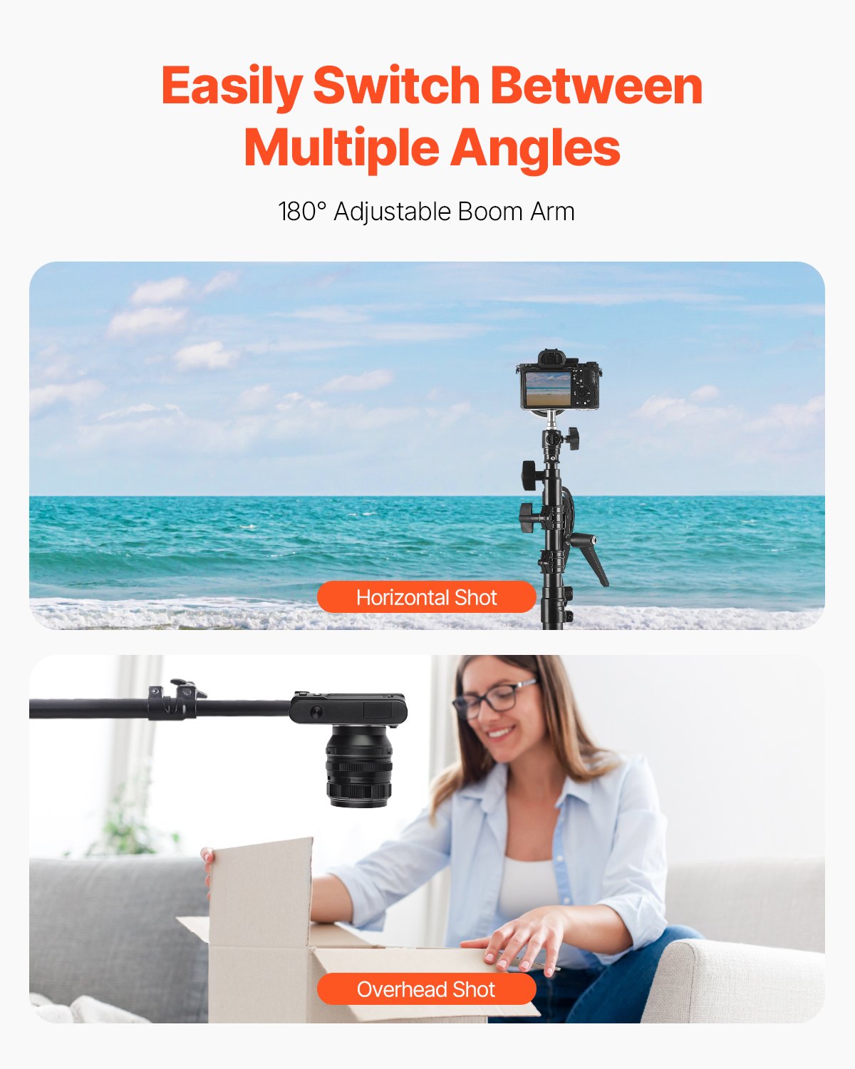 VEVOR Air Cushioned Aluminum Photography Light Stand with Boom Arm Adjustable