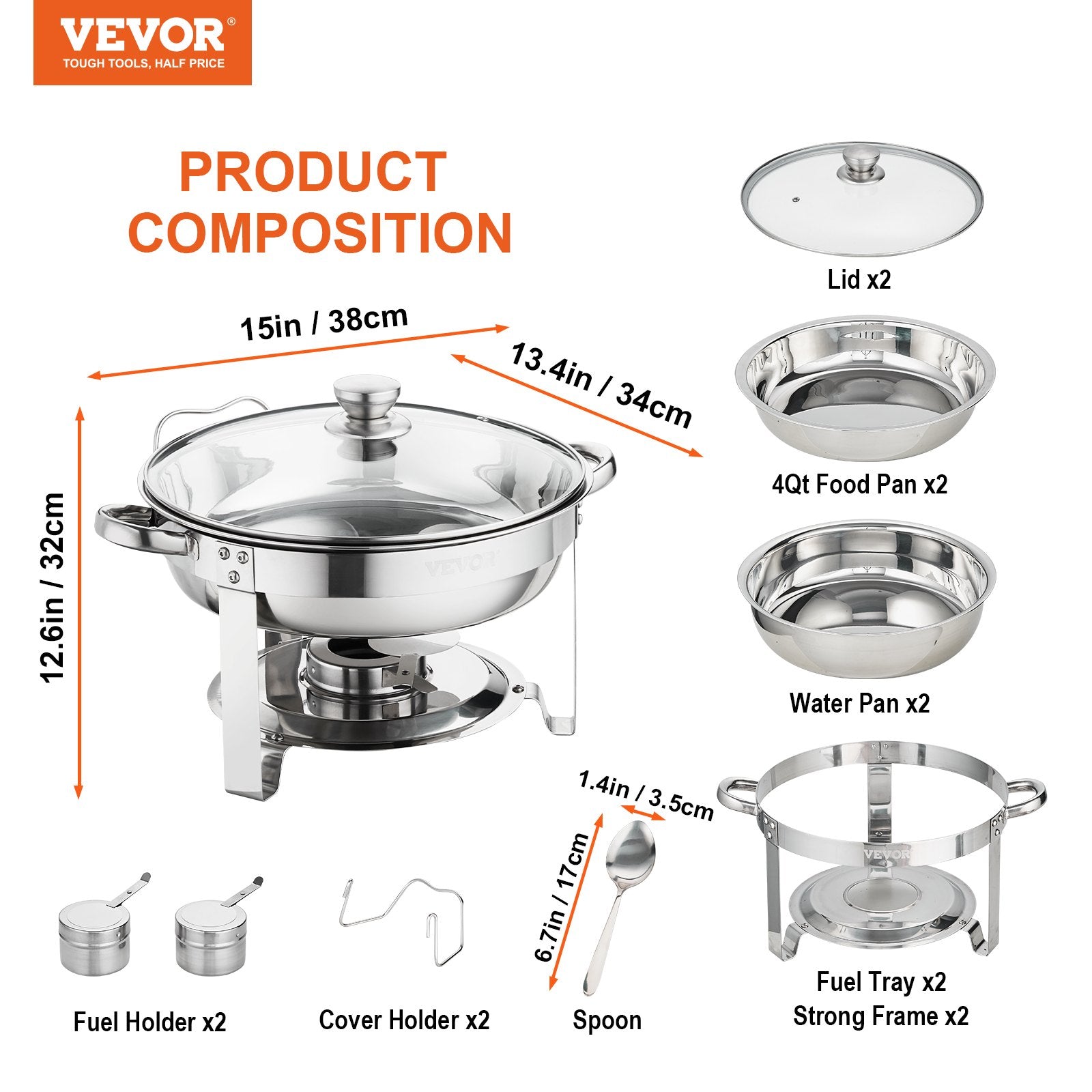 VEVOR 2-Pack Round Chafing Dish Set with Full-Size 4Qt Pan Glass Lid Fuel Holder