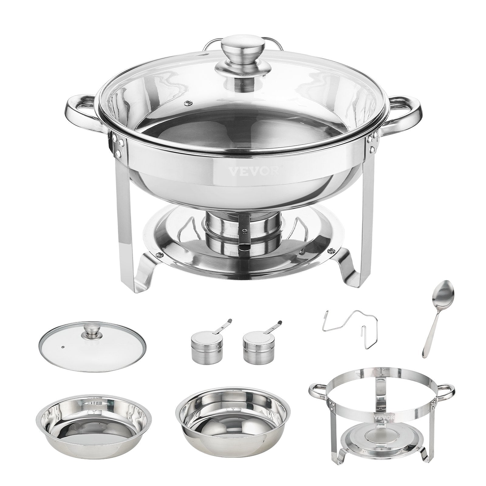 VEVOR 2-Pack Round Chafing Dish Set with Full-Size 4Qt Pan Glass Lid Fuel Holder