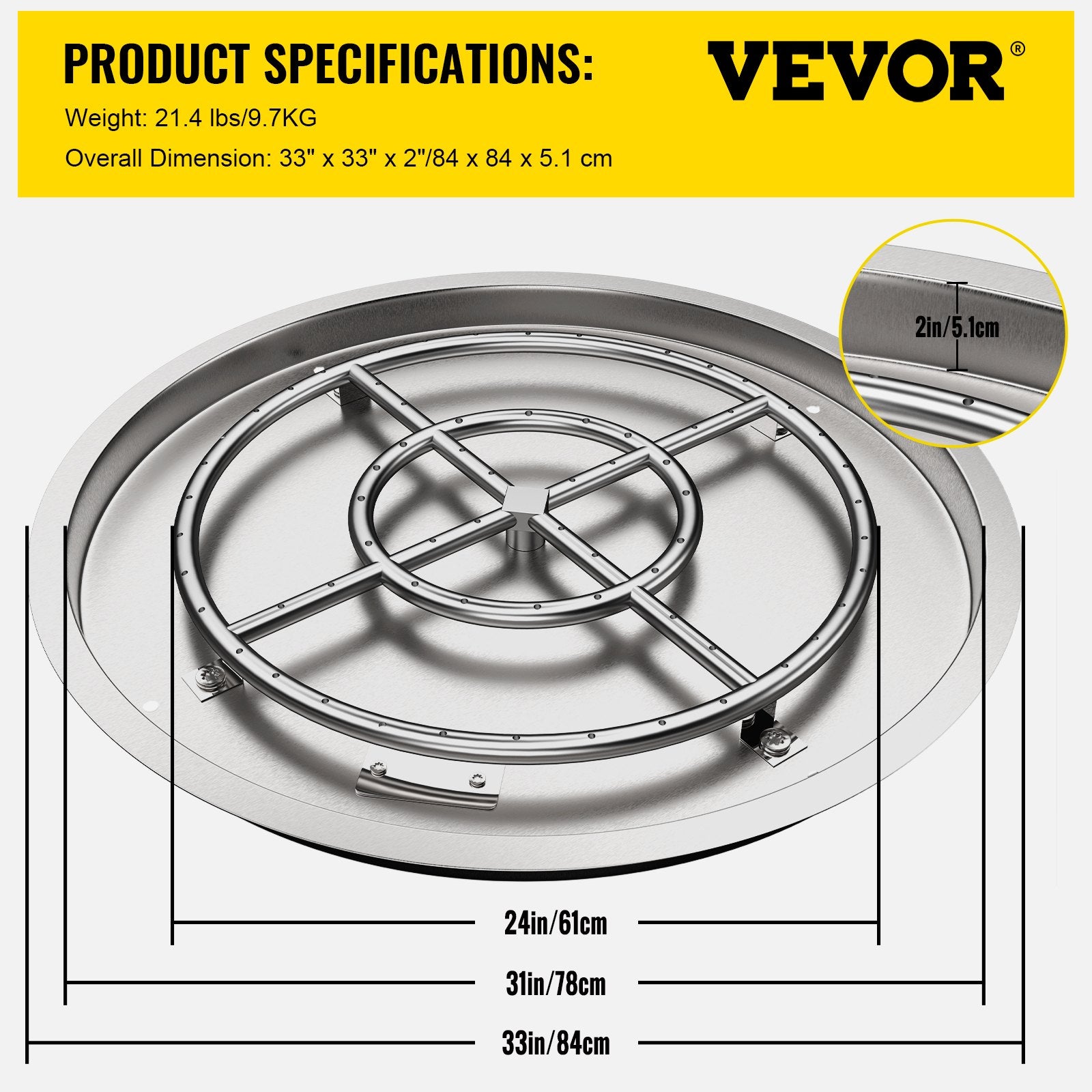 VEVOR Drop in Fire Pit Pan, 31" x 31" Round Fire Pit Burner, Stainless Steel Gas Fire Pan, Fire Pit Burner Pan w/ 1 Pack Volcanic Rock Fire Pit Insert w/ 300K BTU for Keeping Warm w/ Family & Friends