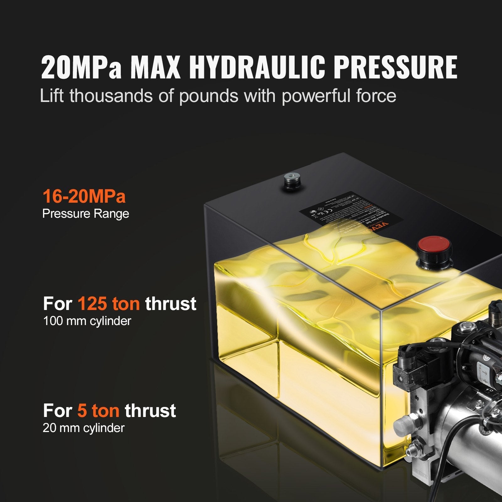 VEVOR Hydraulic Pump, 15 Quart Hydraulic Power Unit, Double Acting Dump Trailer Pump, 0.91 GPM Flow Rate, 3200 PSI Max Relief Pressure, DC 12V Hydraulic Pump for Dump Trailer Car Lifting