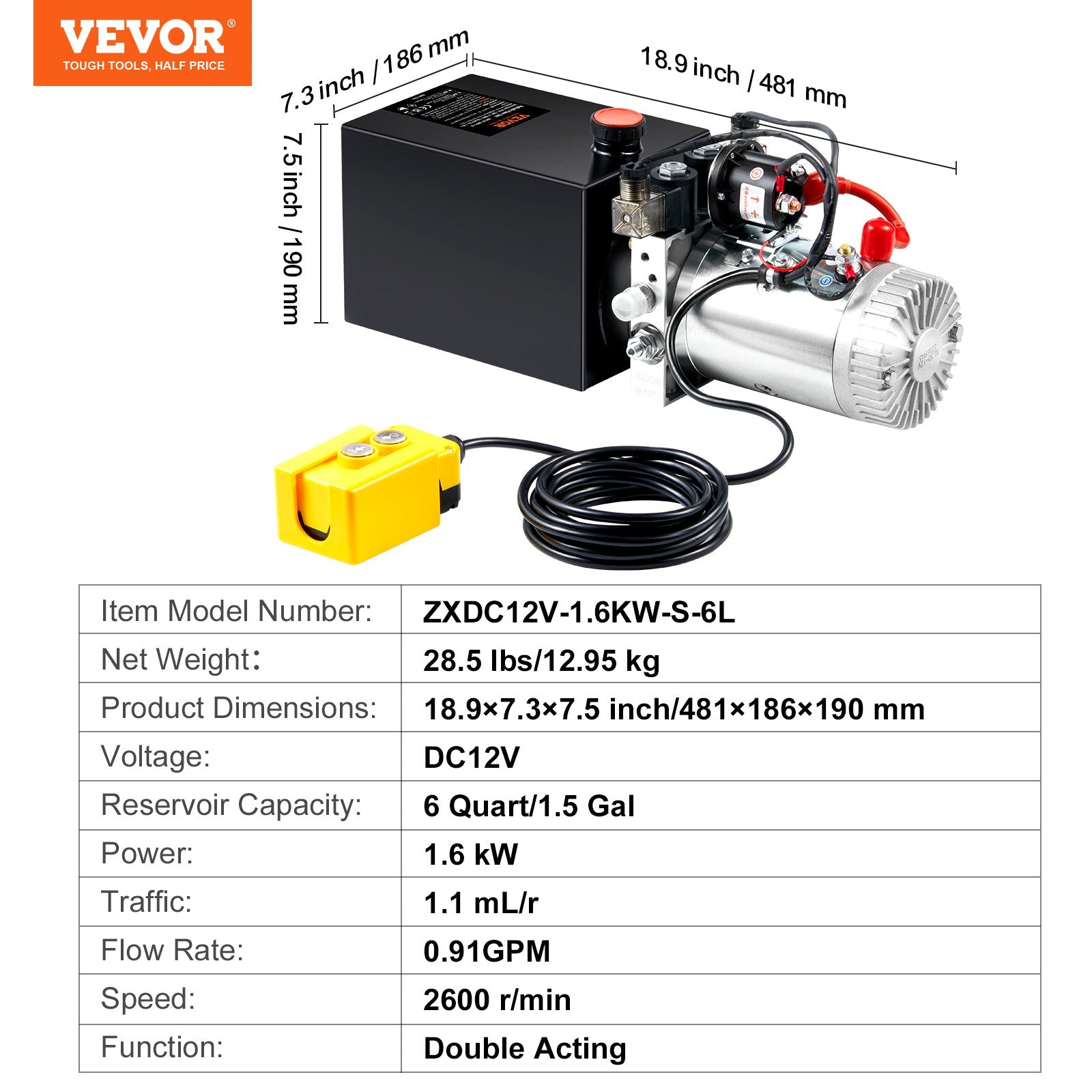 VEVOR Hydraulic Pump, 6 Quart Hydraulic Power Unit, Double Acting Dump Trailer Pump, 0.91 GPM Flow Rate, 3200 PSI Max Relief Pressure, DC 12V Hydraulic Pump for Dump Trailer Car Lifting
