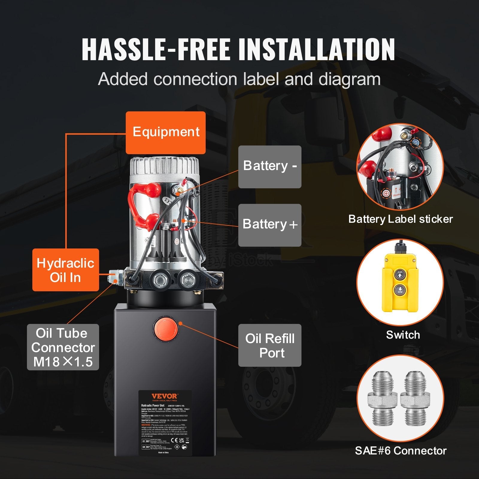 VEVOR Hydraulic Pump, 10 Quart Hydraulic Power Unit, Double Acting Dump Trailer Pump, 0.91 GPM Flow Rate, 3200 PSI Max Relief Pressure, DC 12V Hydraulic Pump for Dump Trailer Car Lifting