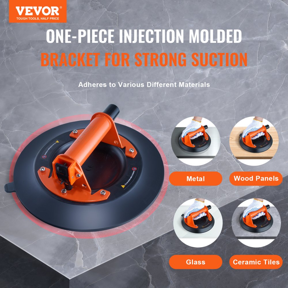 VEVOR Glass Suction Cup, 10" 990 lbs Load Capacity, Vacuum Suction Cup with Steel Handle & Carry Box, Heavy Duty Industrial Suction Cup Lifter Tool for Glass, Granite, Tile, Metal, Wood Panel Lifting
