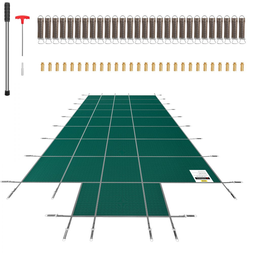 VEVOR Pool Safety Cover Fits 16x32ft Rectangle Inground Safety Pool Cover Green Mesh with 4x8ft Center End Steps Solid Pool Safety Cover for Swimming Pool Winter Safety Cover