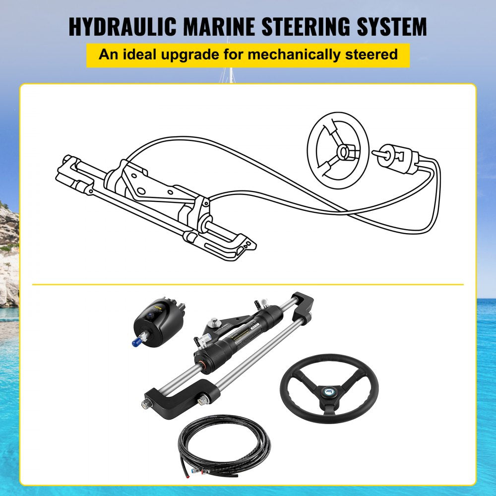 Hydraulic Boat Steering Kit Hydraulic Steering, 300HP Helm Pump, Cylinder, Wheel