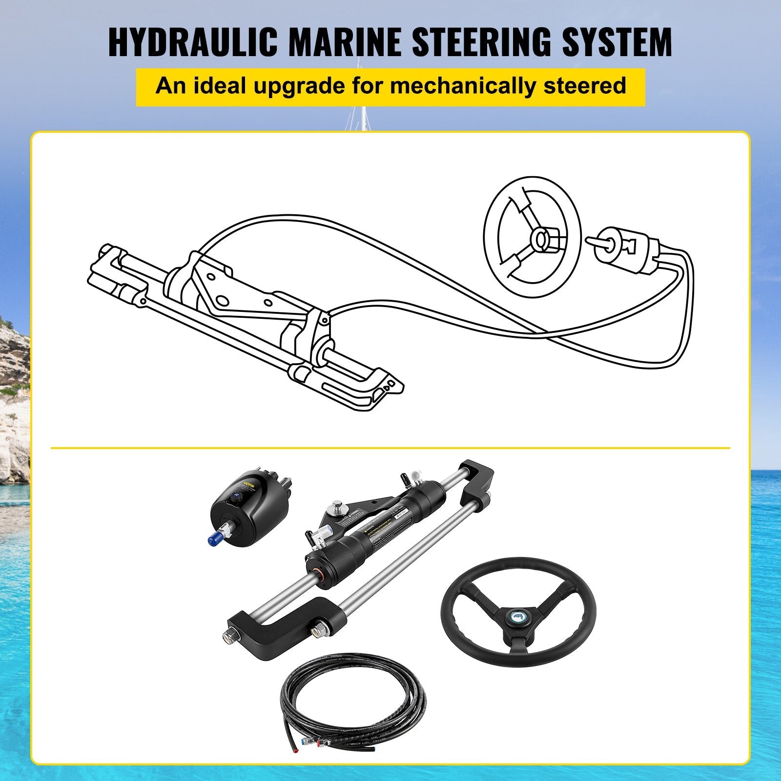 VEVOR Hydraulic Boat Steering Kit, 300HP Hydraulic Steering Kit Helm Pump, Cylinder, Wheel, 24 Inches Hose Hydraulic Steering Seal Kit, Corrosion-Resistant Boat Steering System Marine Steering Kit