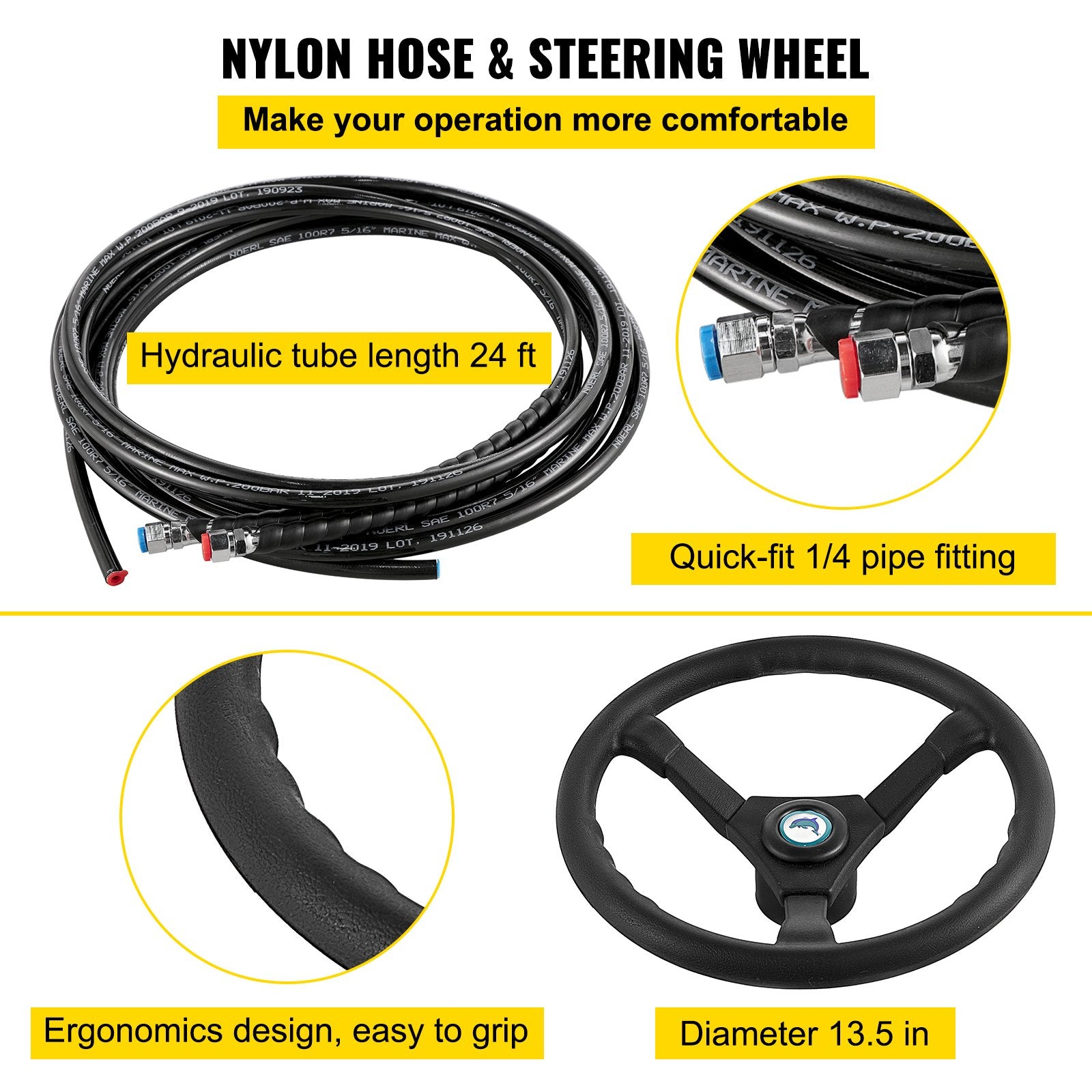 VEVOR Hydraulic Boat Steering Kit, 300HP Hydraulic Steering Kit Helm Pump, Cylinder, Wheel, 24 Inches Hose Hydraulic Steering Seal Kit, Corrosion-Resistant Boat Steering System Marine Steering Kit