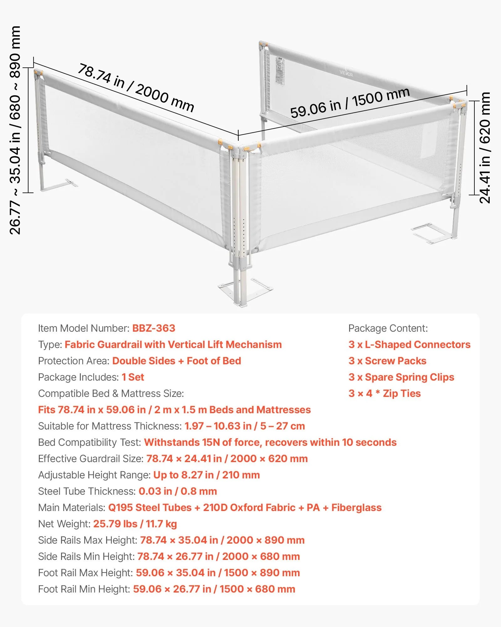 3-Piece Toddler Bed Rail, Adjustable Kids Bed Guard Rails with Reinforced Steel Frame & Oxford Cloth, 3-Sided Bed Bumper Barrier, Grey