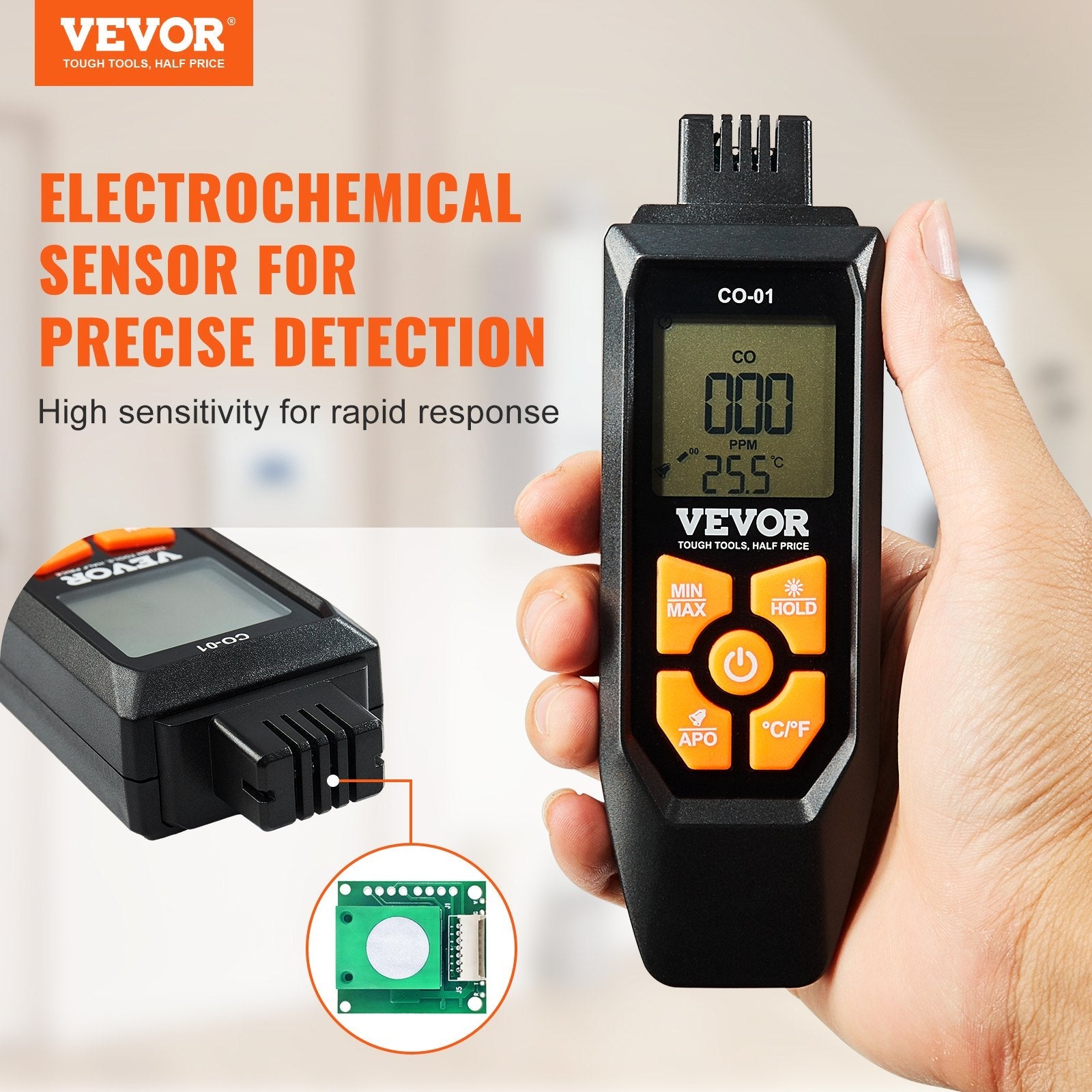 VEVOR Carbon Monoxide Detectors, 0-1000PPM Portable CO Detector with Audible & Visual Alarm, Handheld CO Gas Meter Tester with Temp Sensor, LCD Backlit Screen for Industrial/Home (Include 3 x Battery)