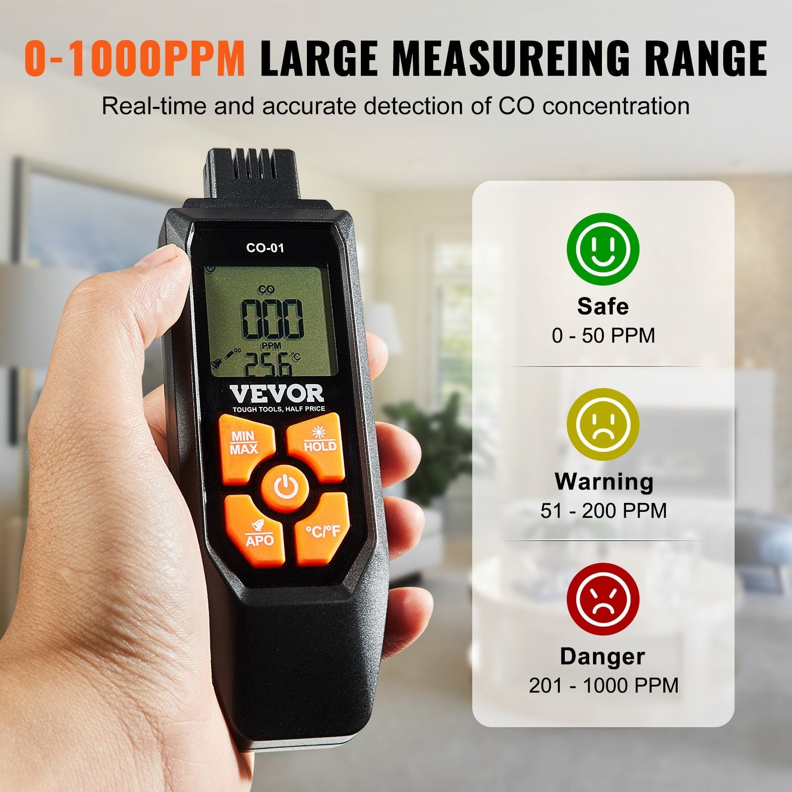 VEVOR Carbon Monoxide Detectors, 0-1000PPM Portable CO Detector with Audible & Visual Alarm, Handheld CO Gas Meter Tester with Temp Sensor, LCD Backlit Screen for Industrial/Home (Include 3 x Battery)