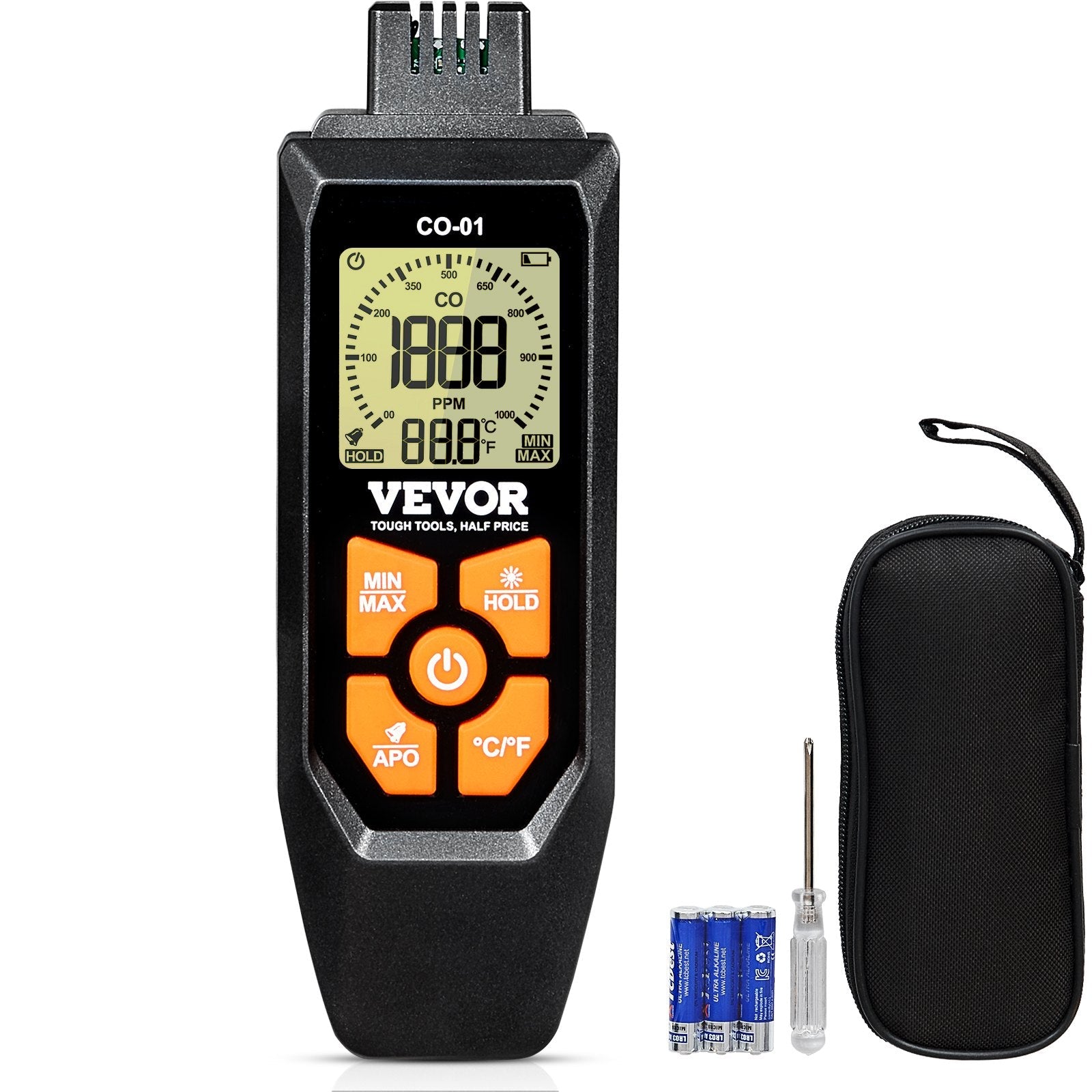 VEVOR Carbon Monoxide Detectors, 0-1000PPM Portable CO Detector with Audible & Visual Alarm, Handheld CO Gas Meter Tester with Temp Sensor, LCD Backlit Screen for Industrial/Home (Include 3 x Battery)