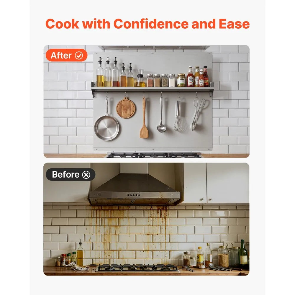 VEVOR 36" x 30" Stainless Steel Stove Backsplash with Storage Shelf & Hanging Hooks