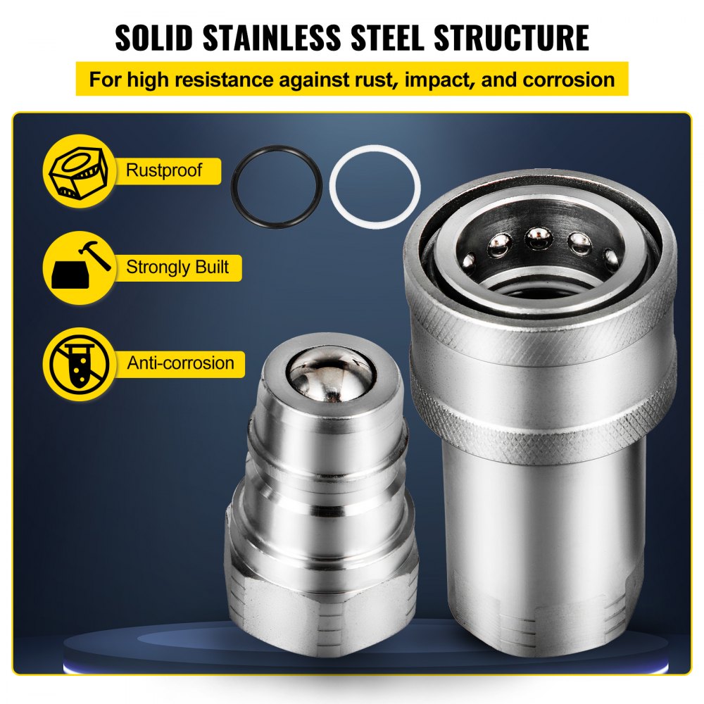 VEVOR Spherical Face Hydraulic Couplers 3/8" Body 3/8" NPT Thread, Skid Steer Quick Connect Couplings, 4061 PSI Hydraulic Fittings, 2 Sets Hydraulic Couplers with Dust Caps for Bobcat Case (ISO)