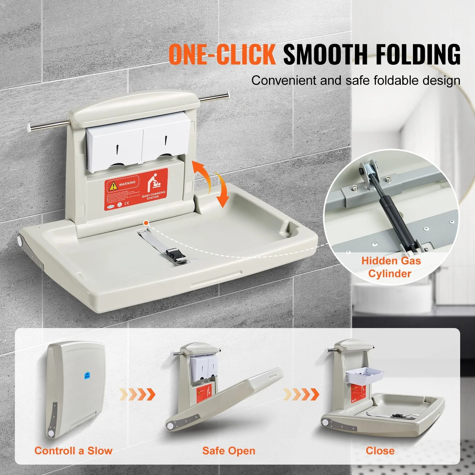 VEVOR Wall-Mounted Baby Changing Station, Horizontal Foldable Diaper Change Table with Safety Straps and Hanging Rods, Use in Commercial Bathrooms, Daycare Centers for Newborns & Infant